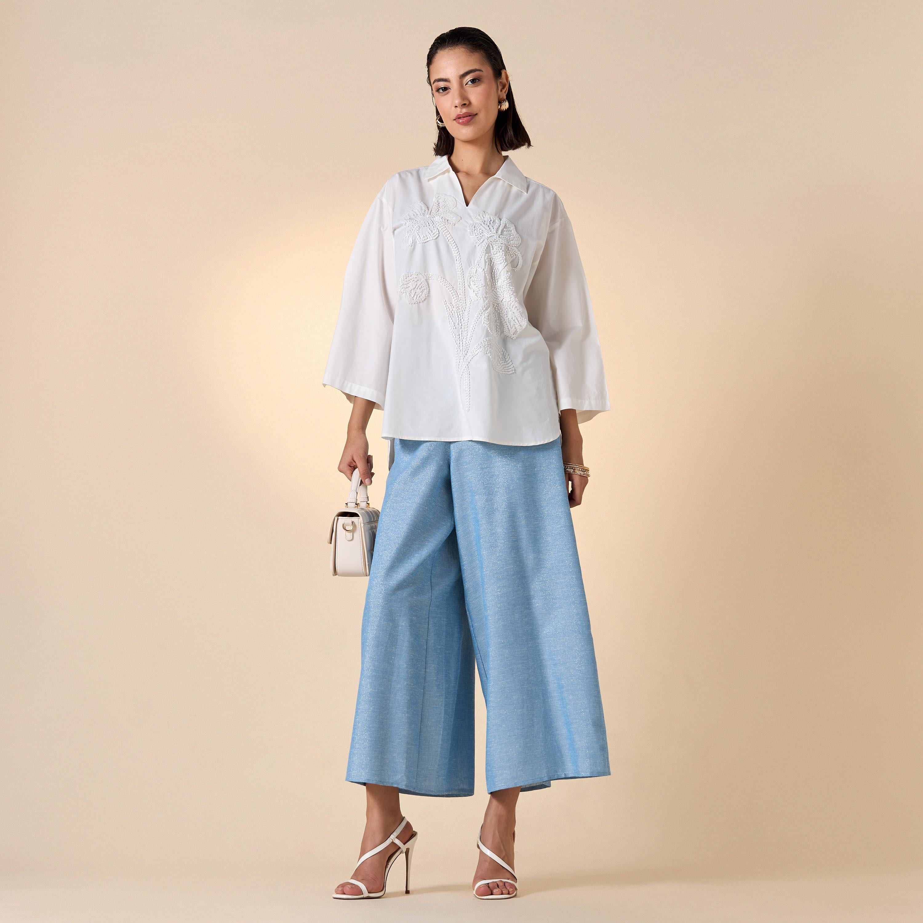 بلوزة مزينة بالخرز بياقة عادية وأكمام 3/4-women-clothing-shirtsandblouses-blouses-image-2