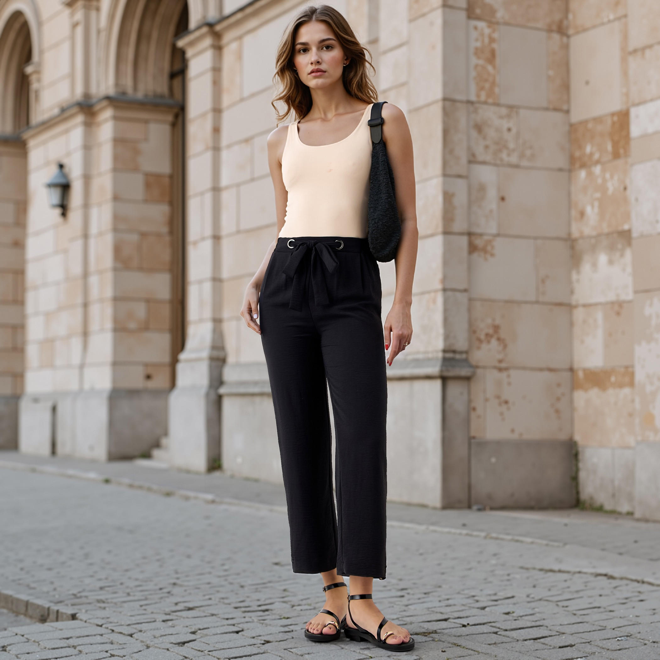 Textured Pants with Drawstring Closure-women-clothing-bottoms-trousers-image-2