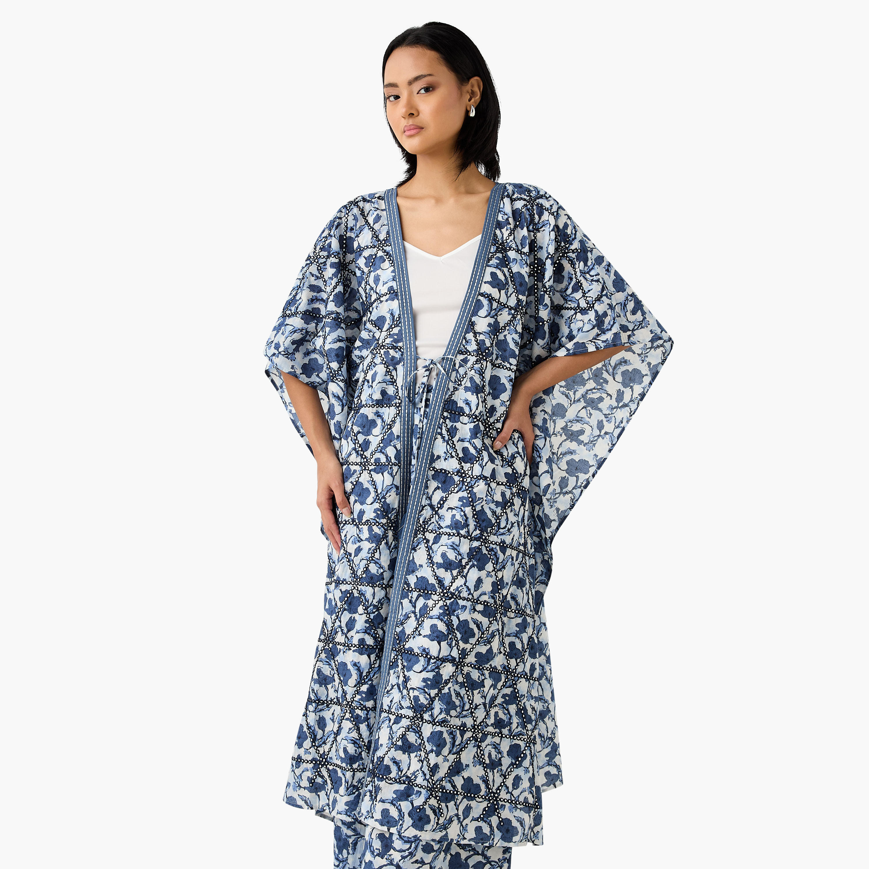 Embellished Kimono Cotton Shrug with Tie-Up-women-clothing-shirtsandblouses-blouses-image-2