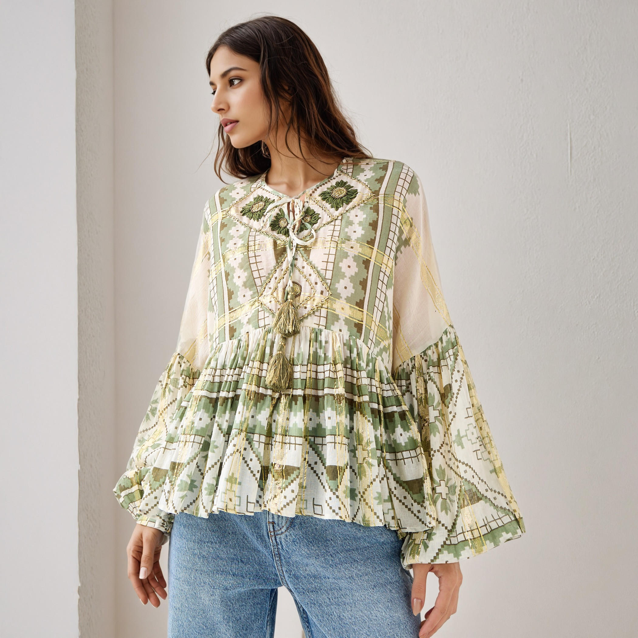 Embroidered Peplum Top with Tie-Up Neck and Flared Sleeves-women-clothing-shirtsandblouses-blouses-image-1