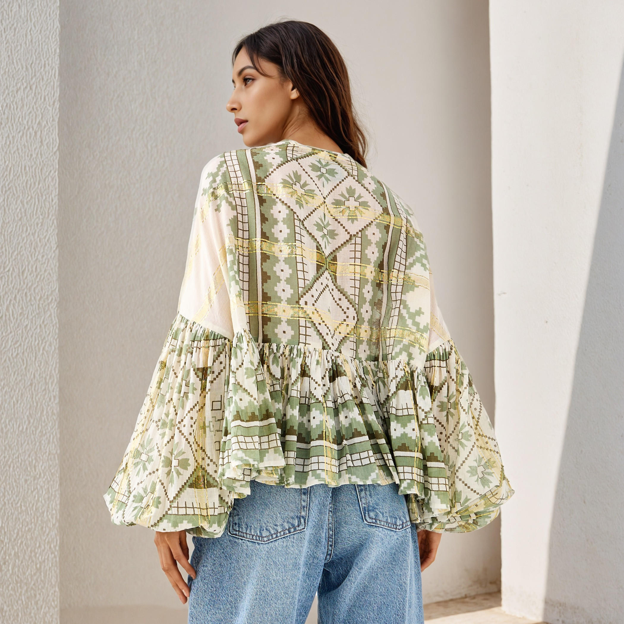 Embroidered Peplum Top with Tie-Up Neck and Flared Sleeves-women-clothing-shirtsandblouses-blouses-image-3