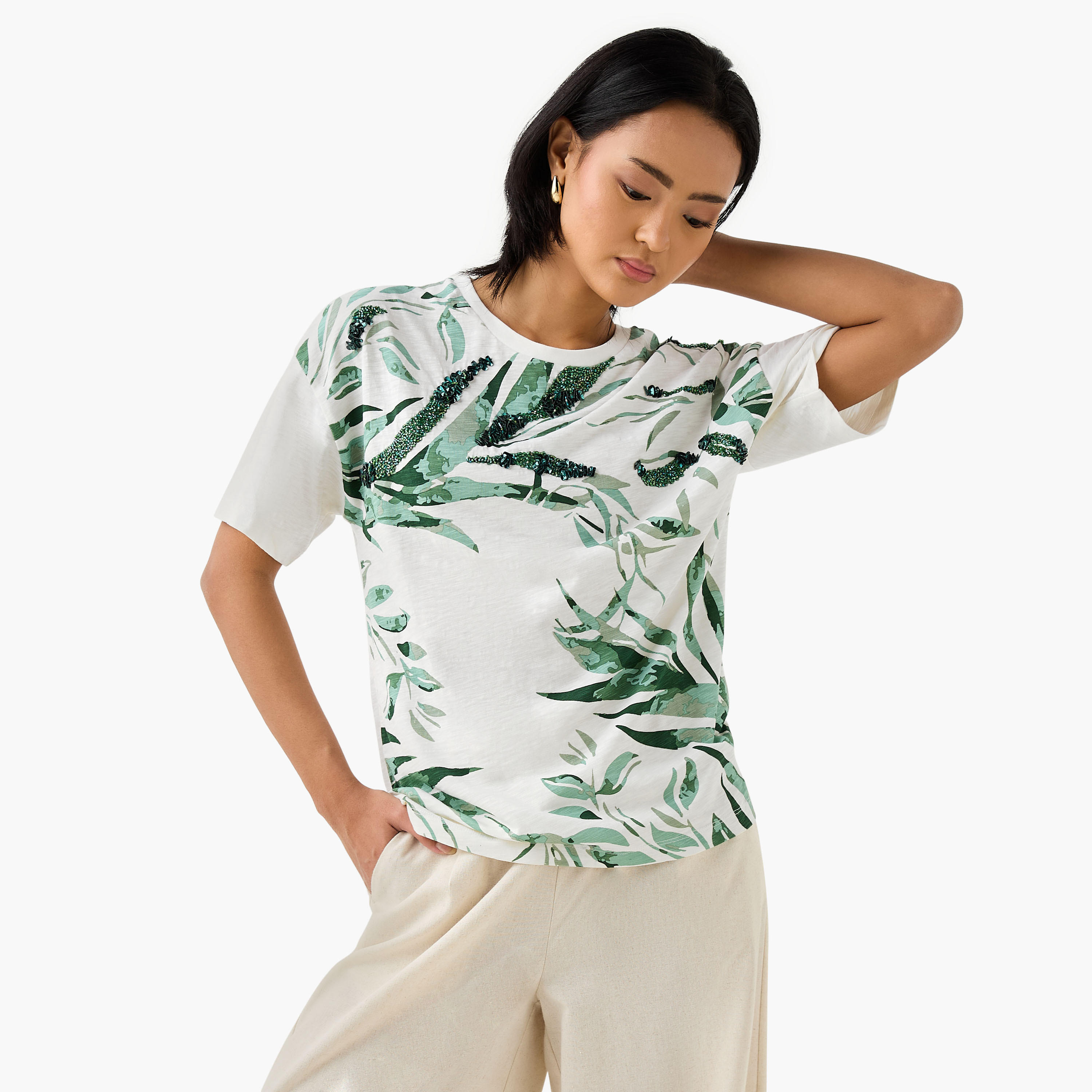 Leaf Print Cotton T-shirt-women-clothing-tshirts-image-1