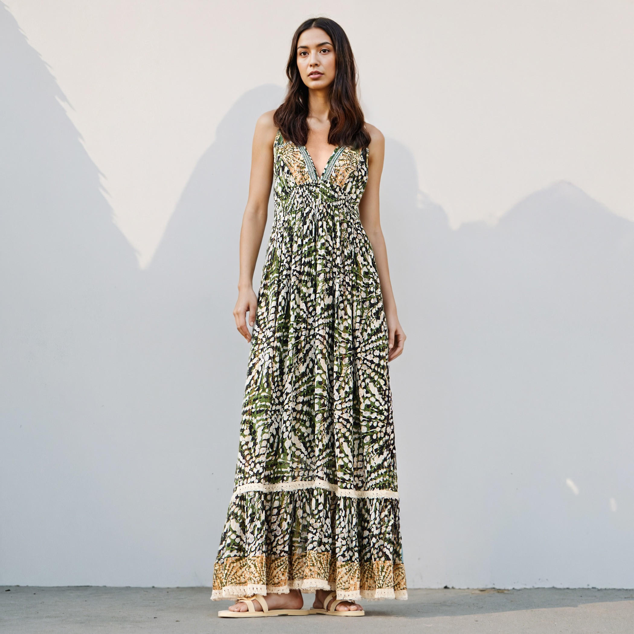 Printed V-neck Sleeveless Maxi Cotton Dress with Tassel Accents-women-clothing-dresses-image-1