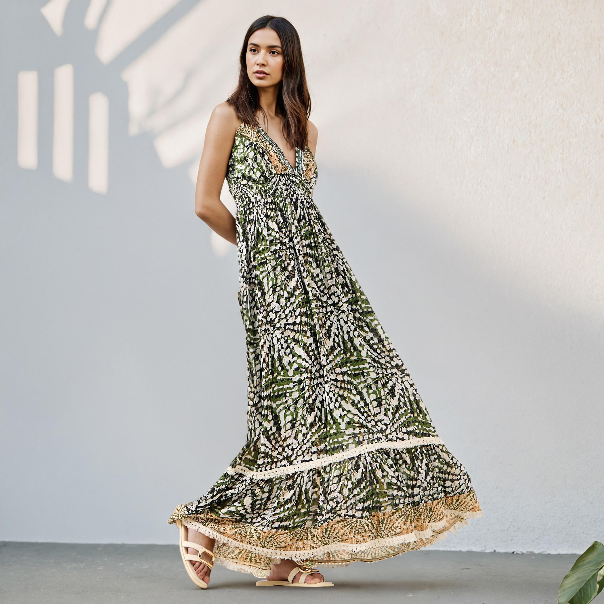 Printed V-neck Sleeveless Maxi Cotton Dress with Tassel Accents-women-clothing-dresses-image-2