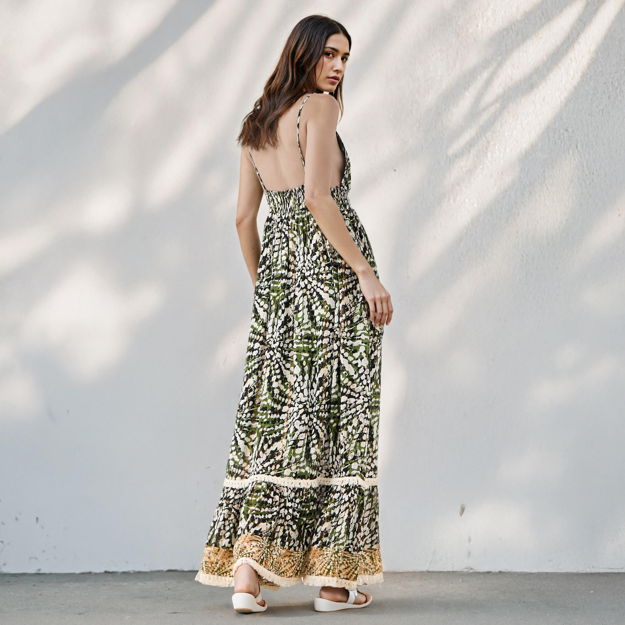 Printed V-neck Sleeveless Maxi Cotton Dress with Tassel Accents-women-clothing-dresses-image-3