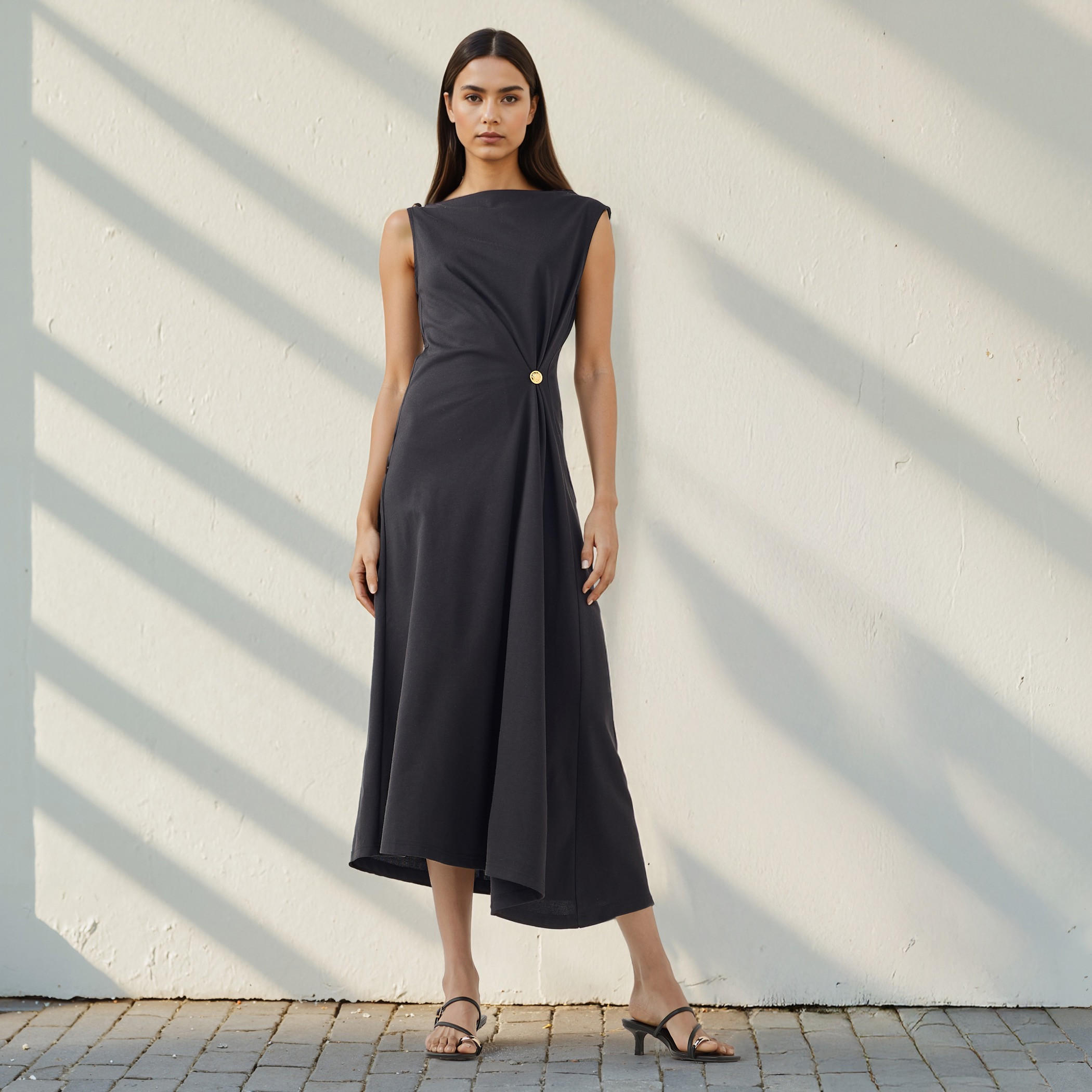 فستان إيه لاين دون أكمام بزينة معدنية وحافة غير متساوية-women-clothing-dresses-image-1