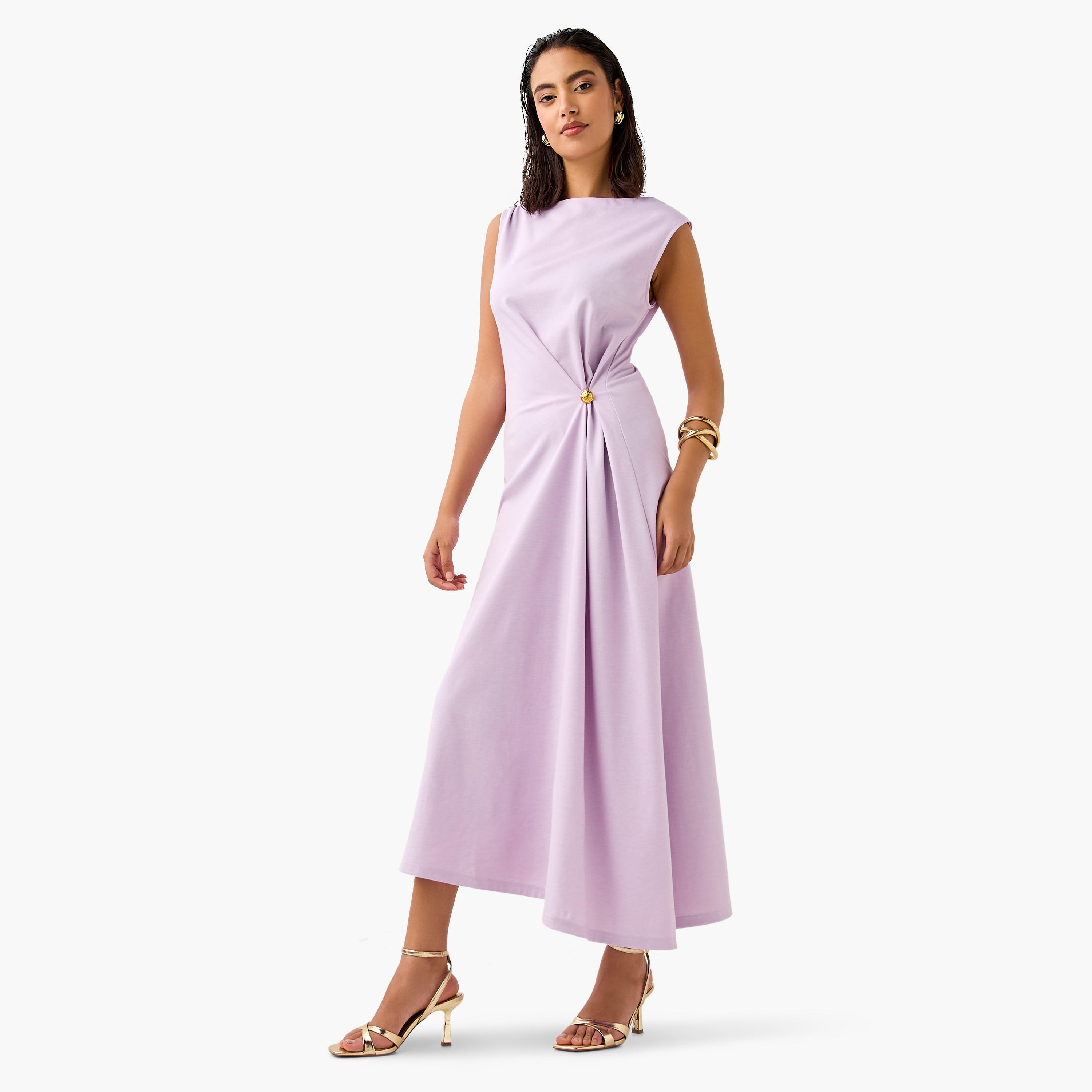 Sleeveless A-line Dress with Metal Accent Detail and Assymetrical Hem-women-clothing-dresses-image-2