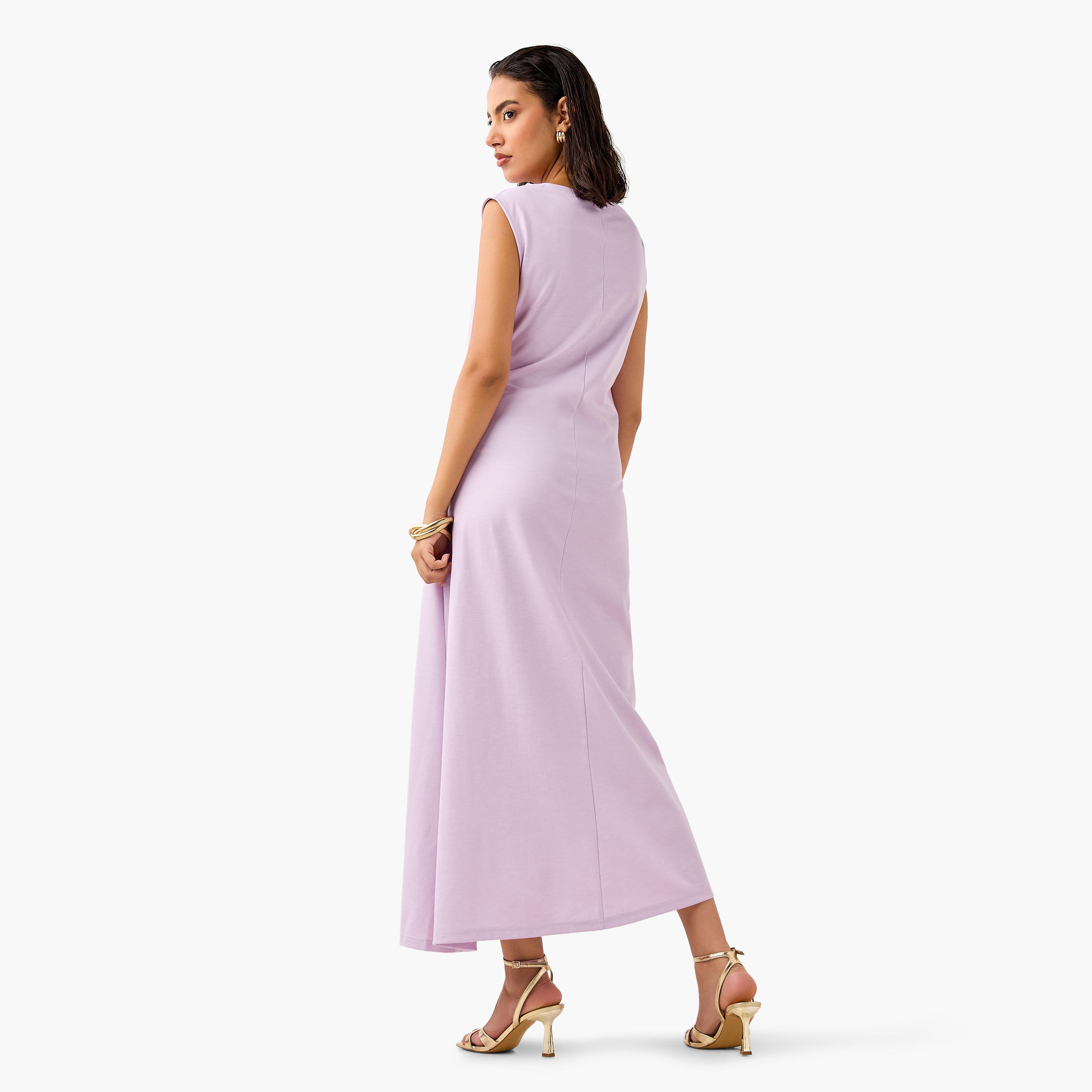 Sleeveless A-line Dress with Metal Accent Detail and Assymetrical Hem-women-clothing-dresses-image-3