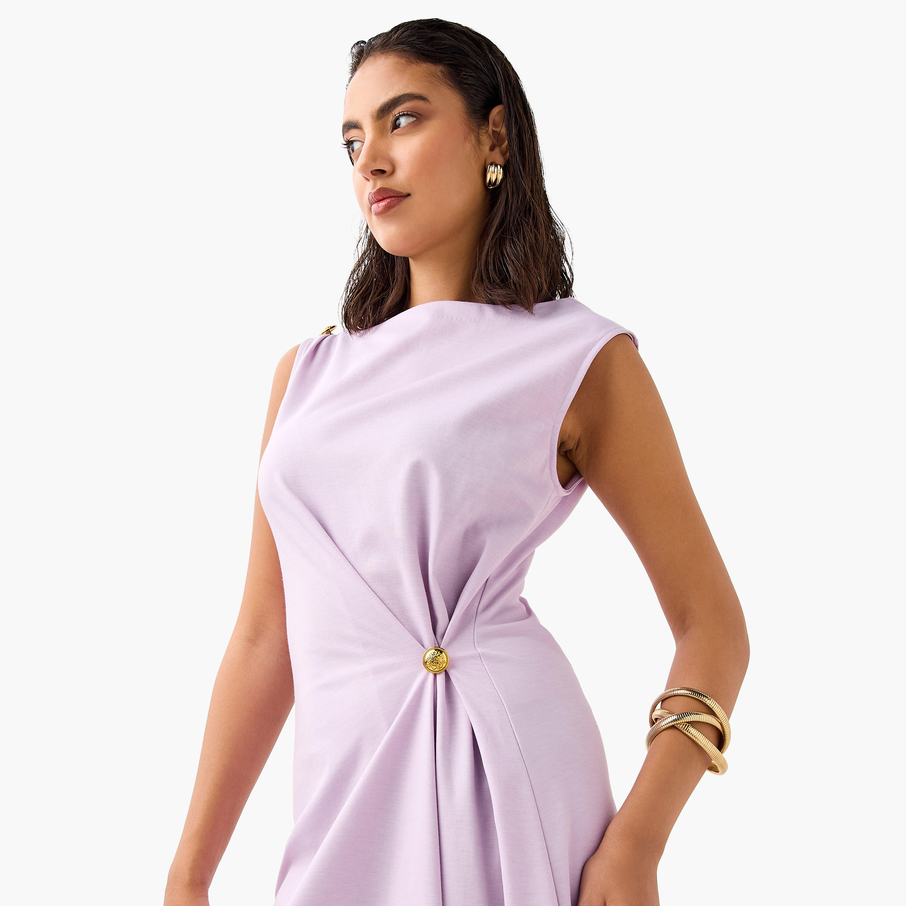 Sleeveless A-line Dress with Metal Accent Detail and Assymetrical Hem-women-clothing-dresses-image-4