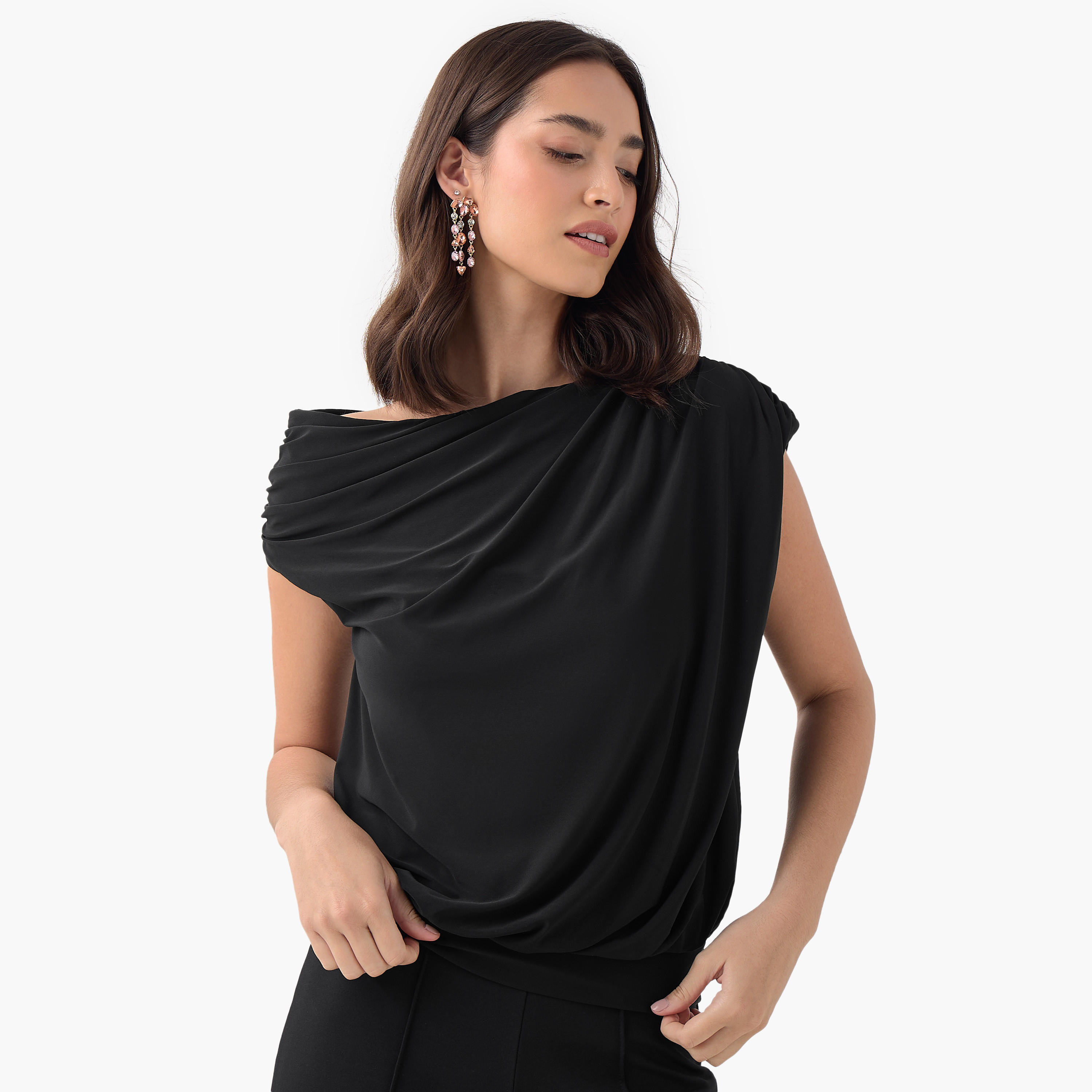 Cowl Neck Top with Short Sleeves and Ruched Detail-women-clothing-shirtsandblouses-blouses-image-1
