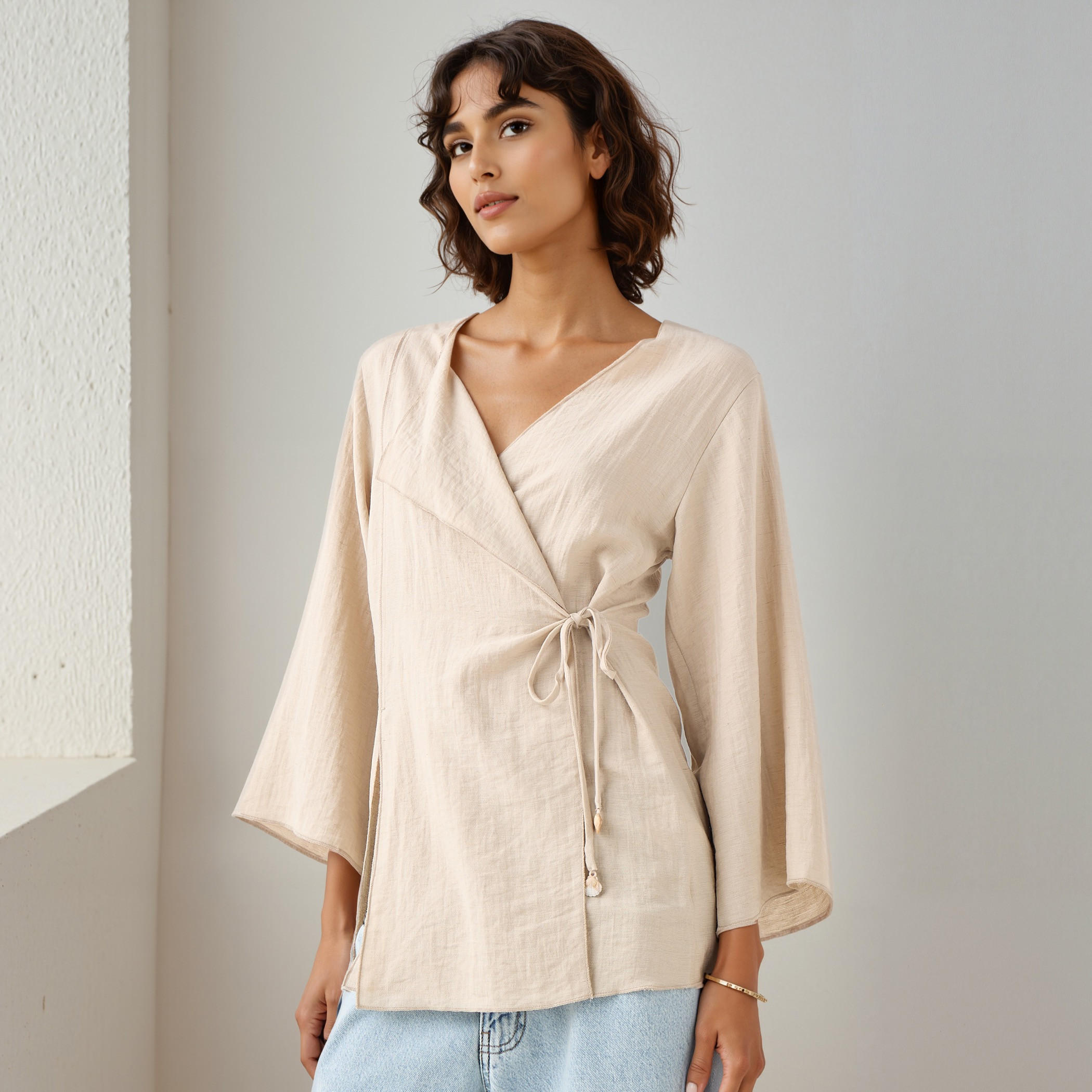 Lapel Collar Linen Blend Wrap Top with Tie-Up Detail-women-clothing-shirtsandblouses-blouses-image-1