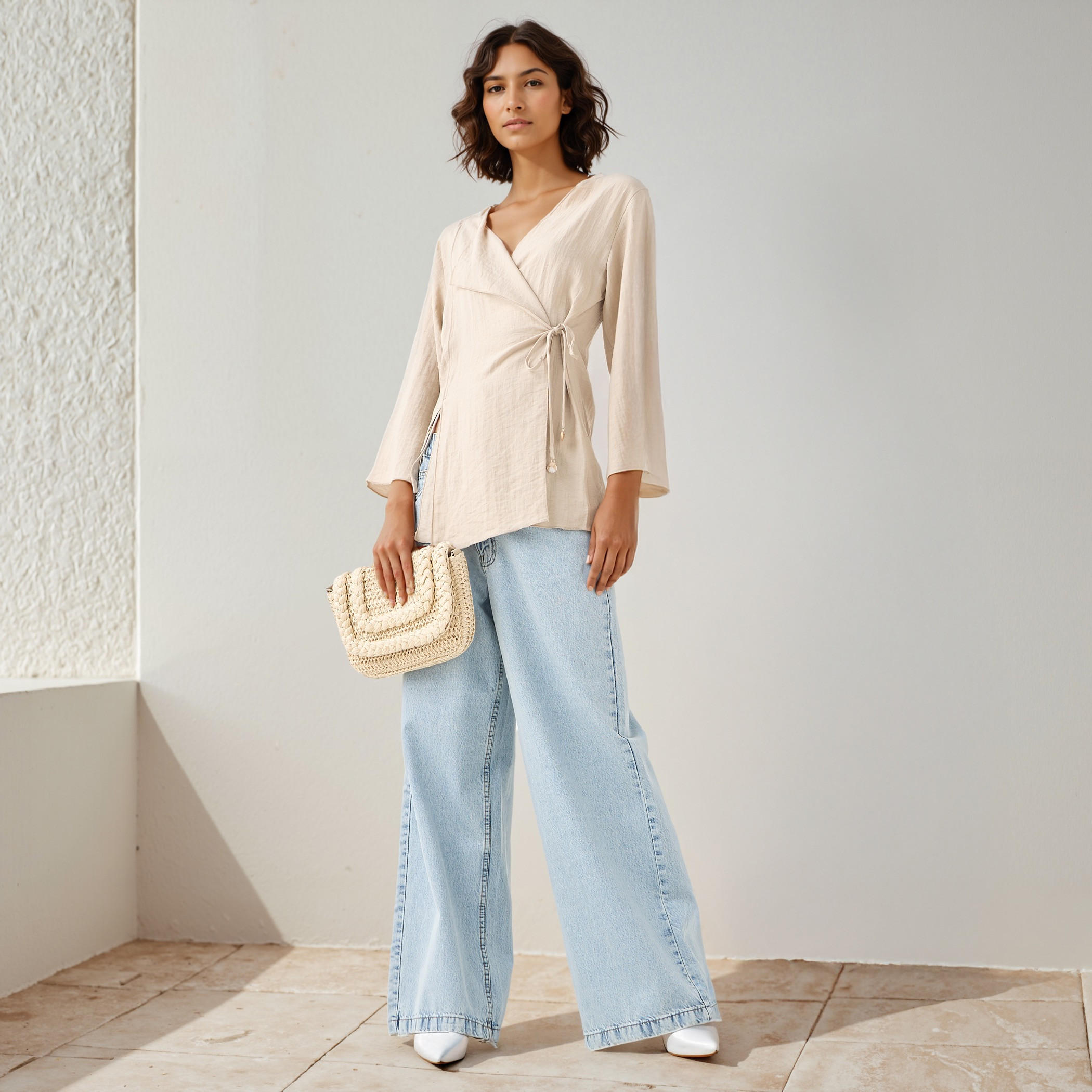 Lapel Collar Linen Blend Wrap Top with Tie-Up Detail-women-clothing-shirtsandblouses-blouses-image-2