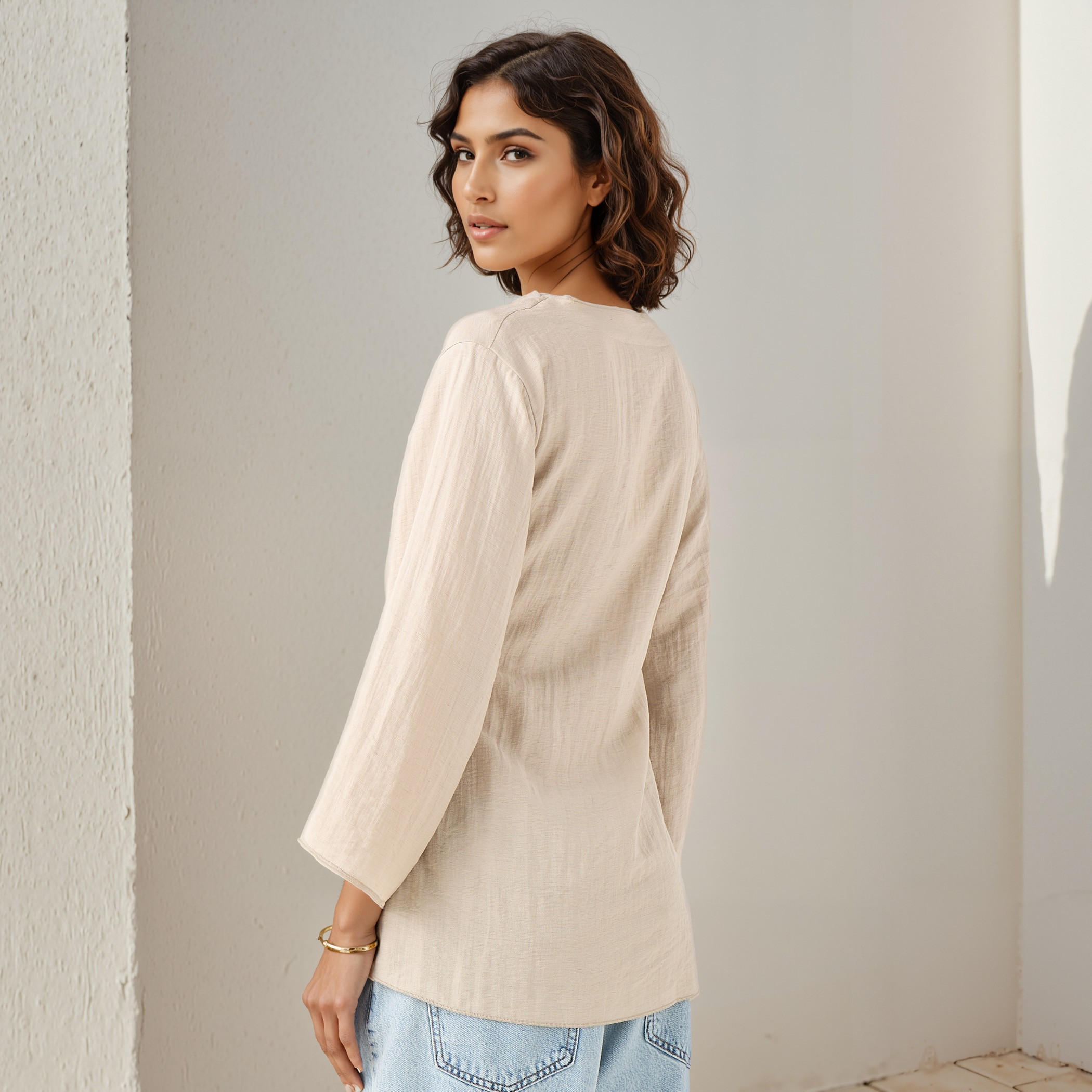 Lapel Collar Linen Blend Wrap Top with Tie-Up Detail-women-clothing-shirtsandblouses-blouses-image-3