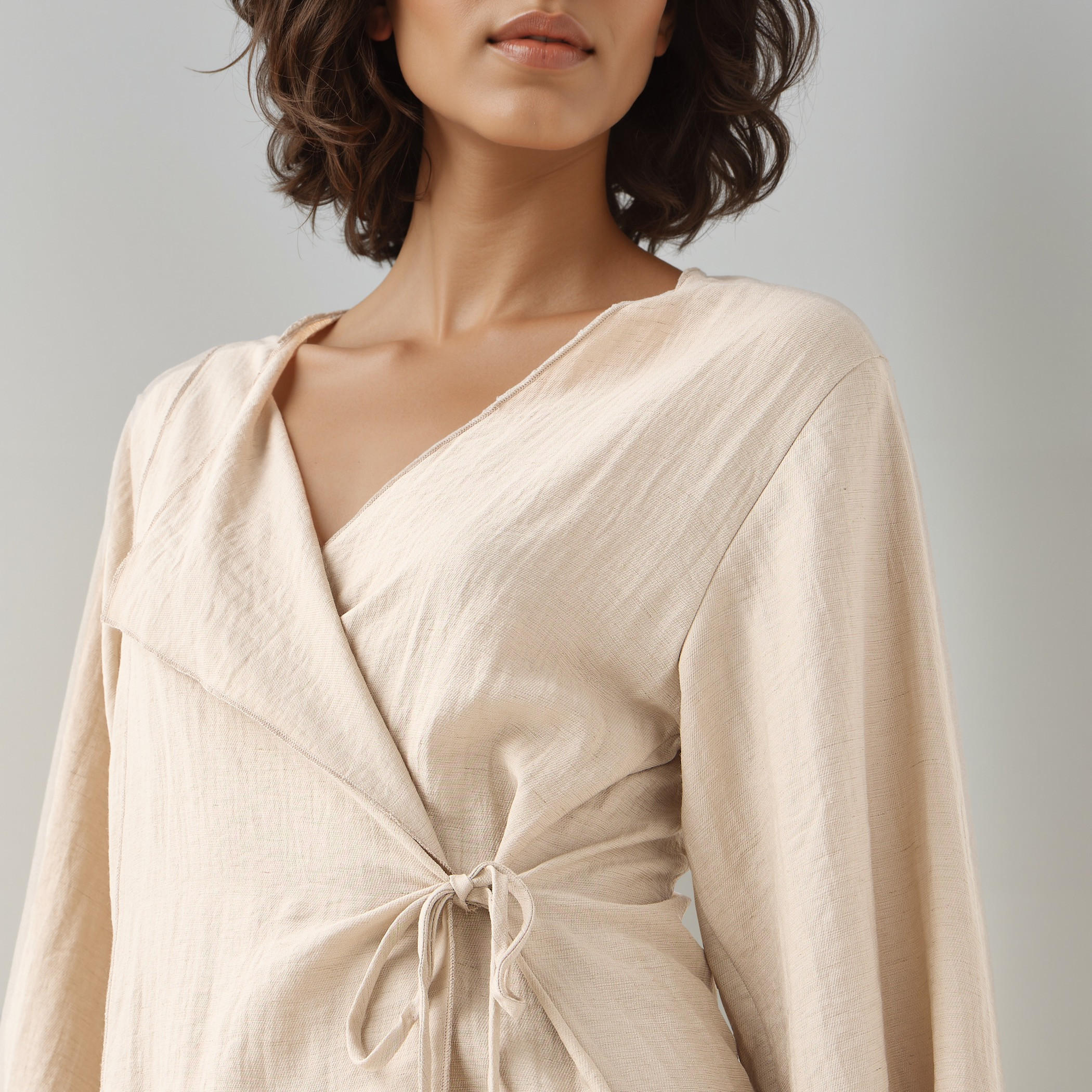 Lapel Collar Linen Blend Wrap Top with Tie-Up Detail-women-clothing-shirtsandblouses-blouses-image-4