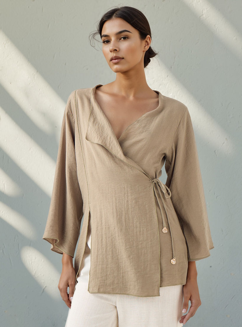 بلوزة لف بياقة مطوية من مزيج الكتان مع تفاصيل رباط-women-clothing-shirtsandblouses-blouses-image-1