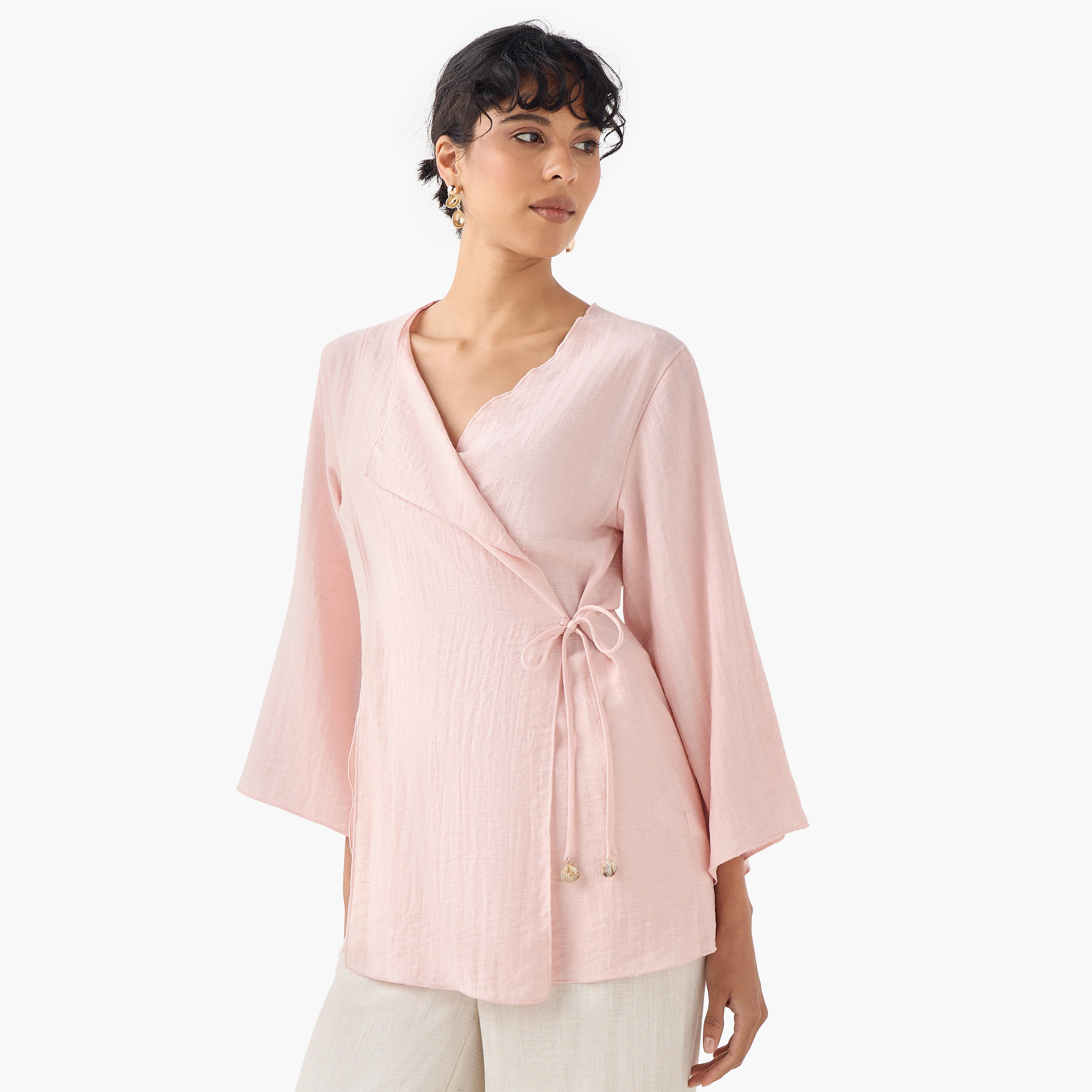 Lapel Collar Linen Blend Wrap Top with Tie-Up Detail-women-clothing-shirtsandblouses-blouses-image-1