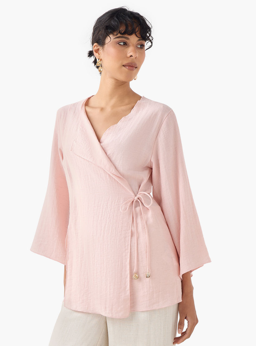 Lapel Collar Linen Blend Wrap Top with Tie-Up Detail-women-clothing-shirtsandblouses-blouses-image-1