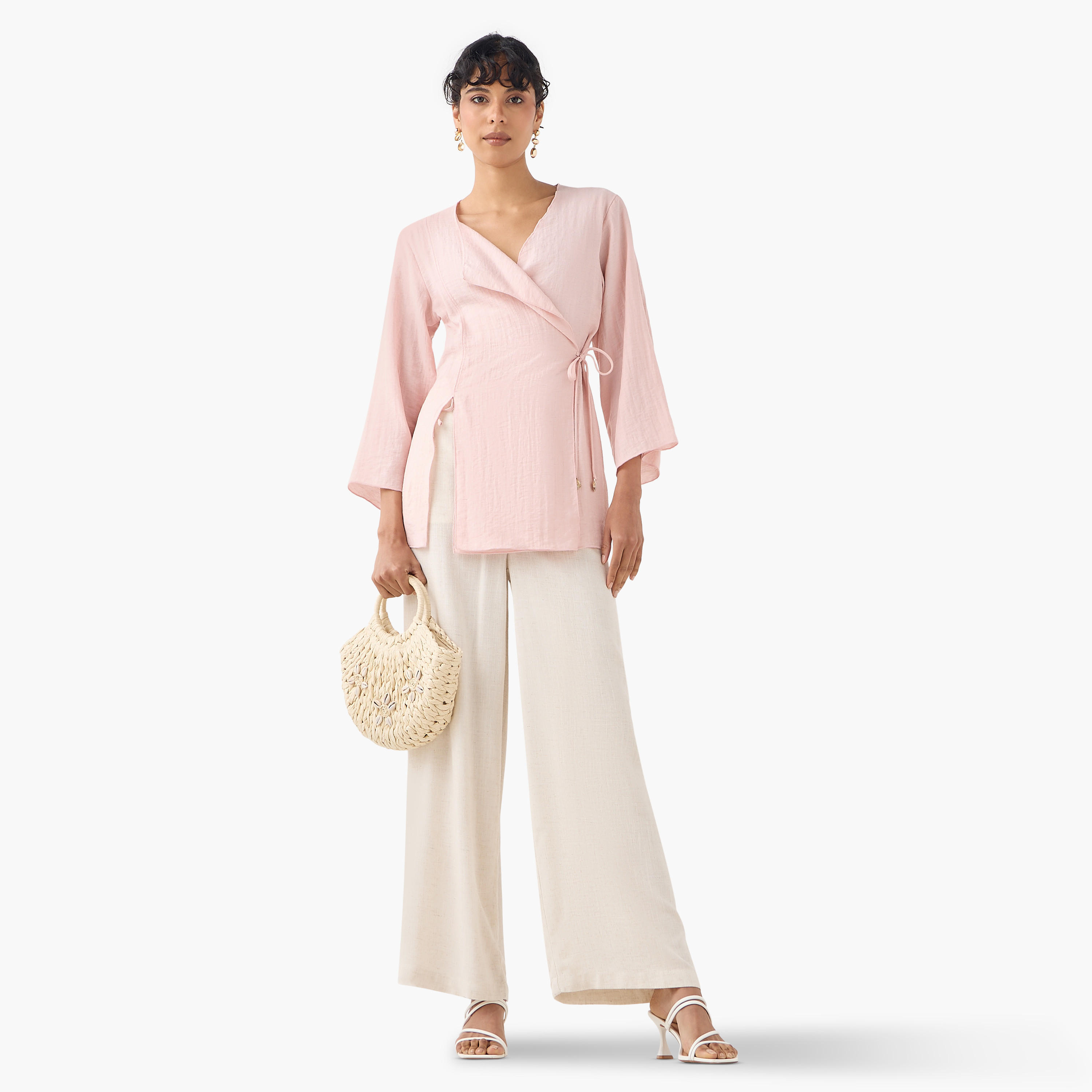 Lapel Collar Linen Blend Wrap Top with Tie-Up Detail-women-clothing-shirtsandblouses-blouses-image-2
