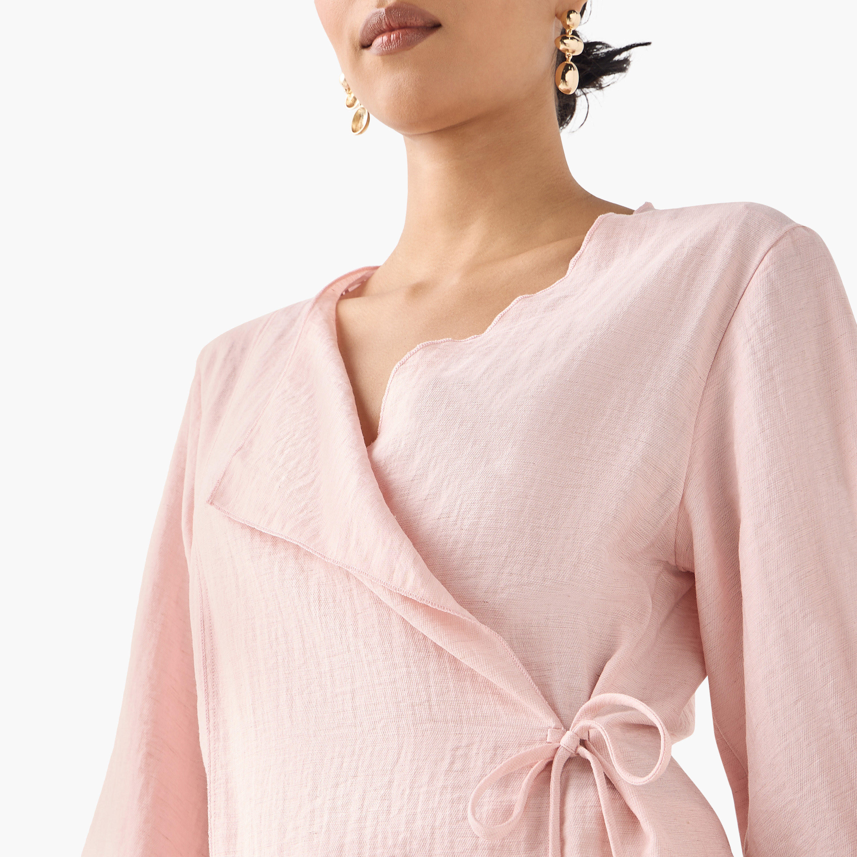 Lapel Collar Linen Blend Wrap Top with Tie-Up Detail-women-clothing-shirtsandblouses-blouses-image-4