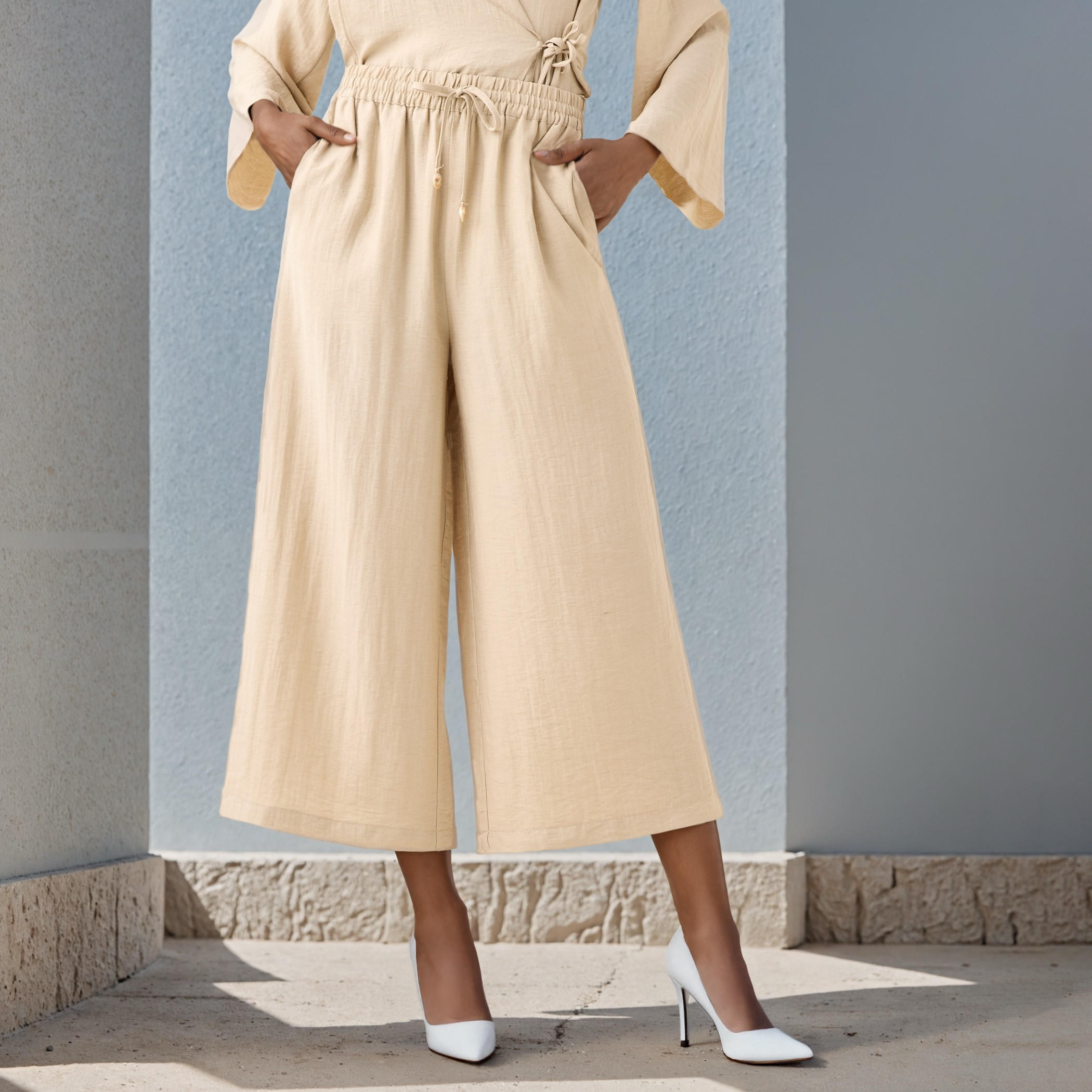 Relaxed Fit Flexi Waist Linen Blend Pants-women-clothing-bottoms-trousers-image-1