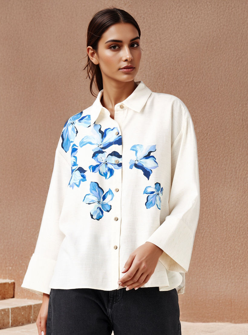 Floral Print Linen Blend Shirt with Long Sleeves-women-clothing-shirtsandblouses-shirts-image-1