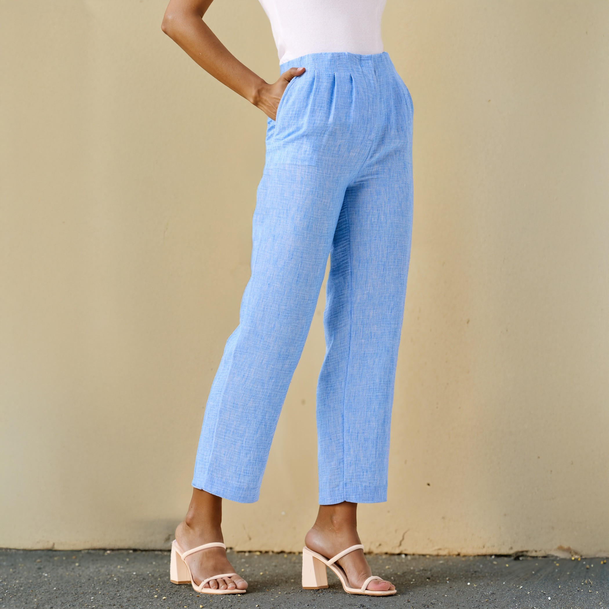 Linen Regular Fit Pants with Elasticated Waistband and Pockets-women-clothing-bottoms-trousers-image-1