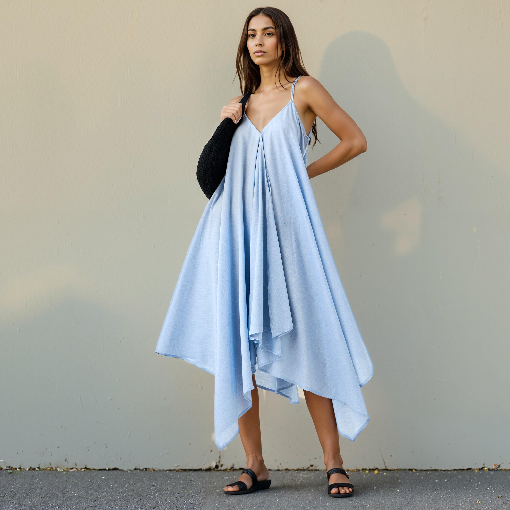 Asymmetric Chambray Midi Cotton Dress with Spaghetti Straps-women-clothing-dresses-image-1