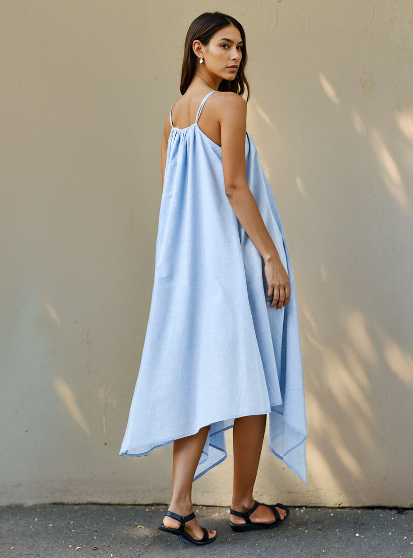 فستان شامبراي قطن ميدي بحمالات رفيعة وحواف غير متماثلة -women-clothing-dresses-image-3