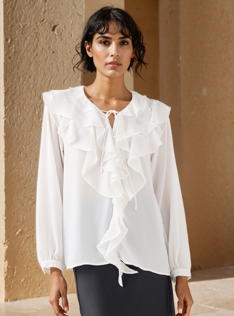 Ruffle Detail Top with Tie-Up Neck and Long Sleeves-women-clothing-shirtsandblouses-blouses-image-1