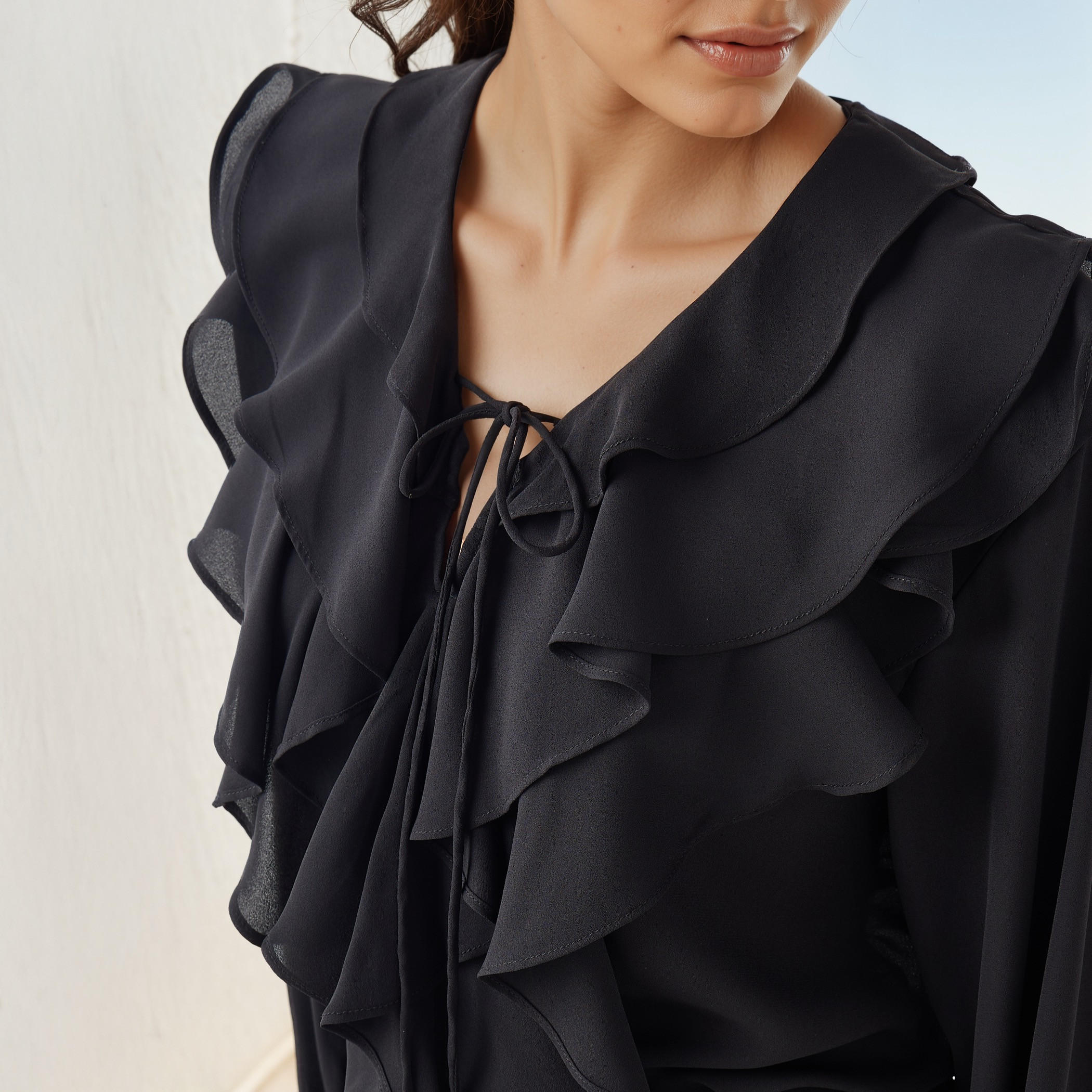 Ruffle Detail Top with Tie-Up Neck and Long Sleeves-women-clothing-shirtsandblouses-blouses-image-5