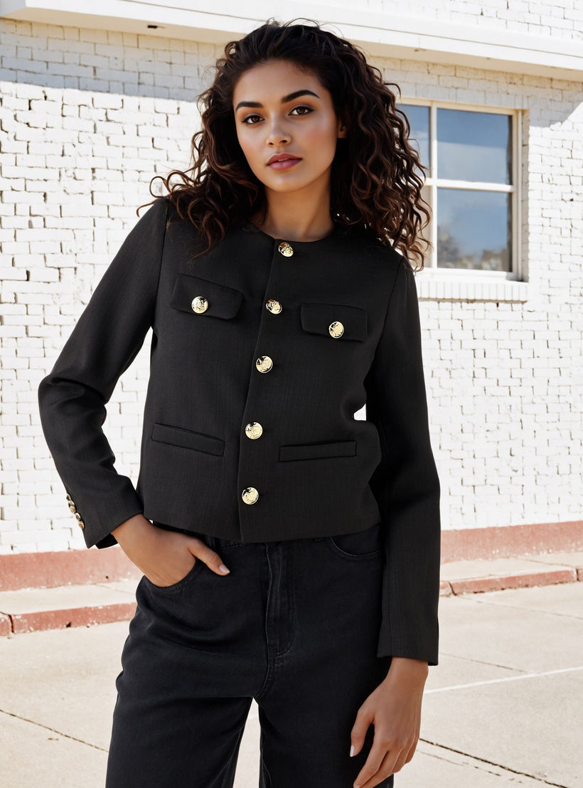 Button Detail Round Neck Jacket with Pockets-women-winterwear-coatsandjackets-jackets-image-1