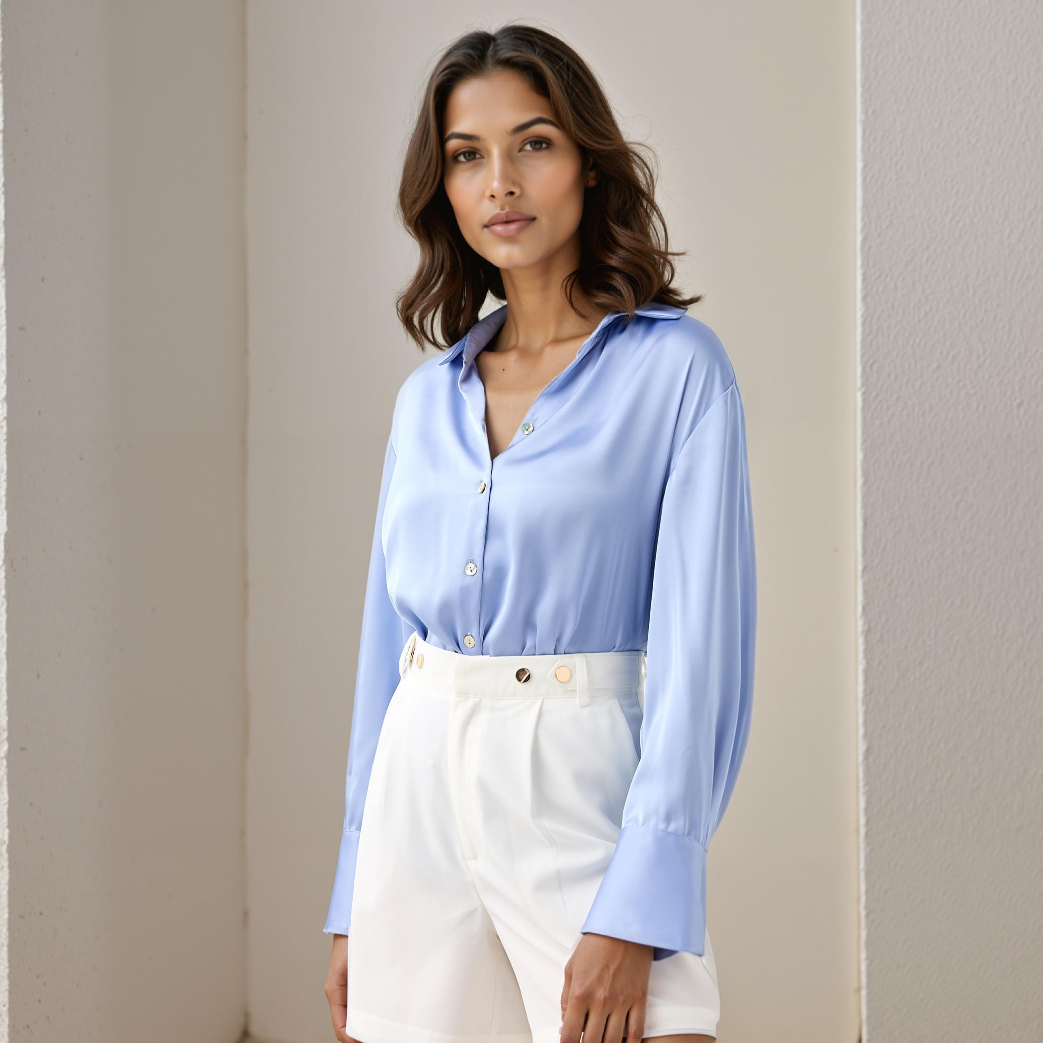 Regular Fit Satin Shirt with Collar and Long Sleeves-women-clothing-shirtsandblouses-shirts-image-1