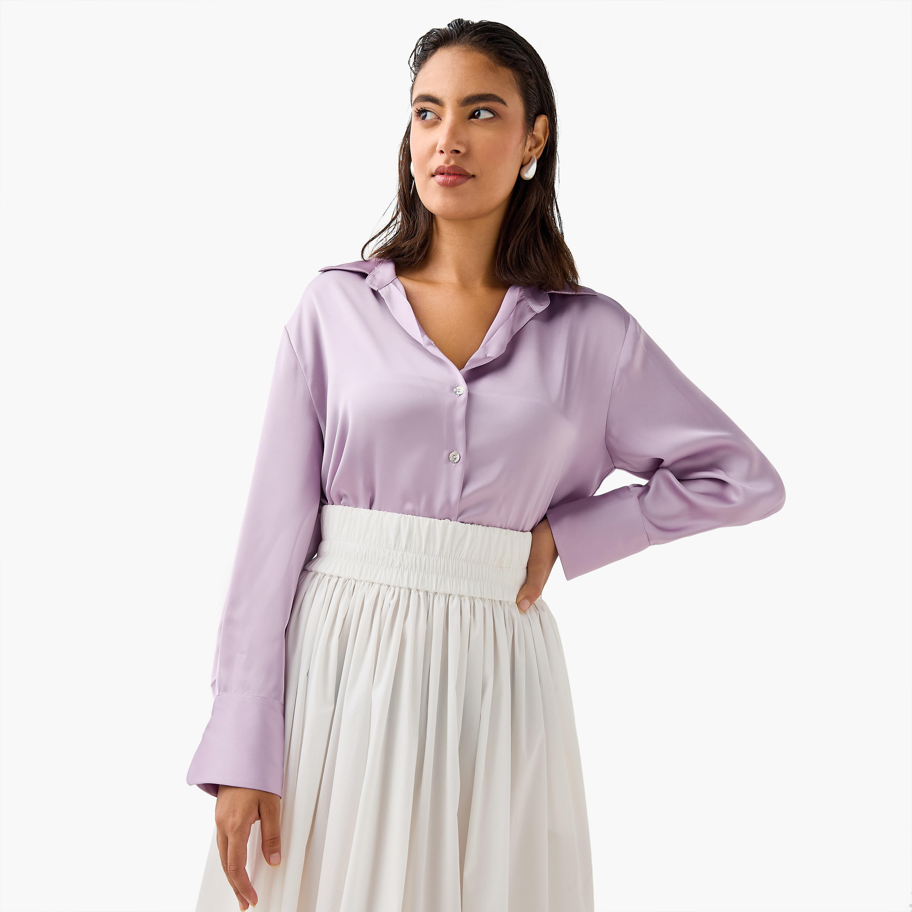 Regular Fit Satin Shirt with Collar and Long Sleeves-women-clothing-shirtsandblouses-shirts-image-1