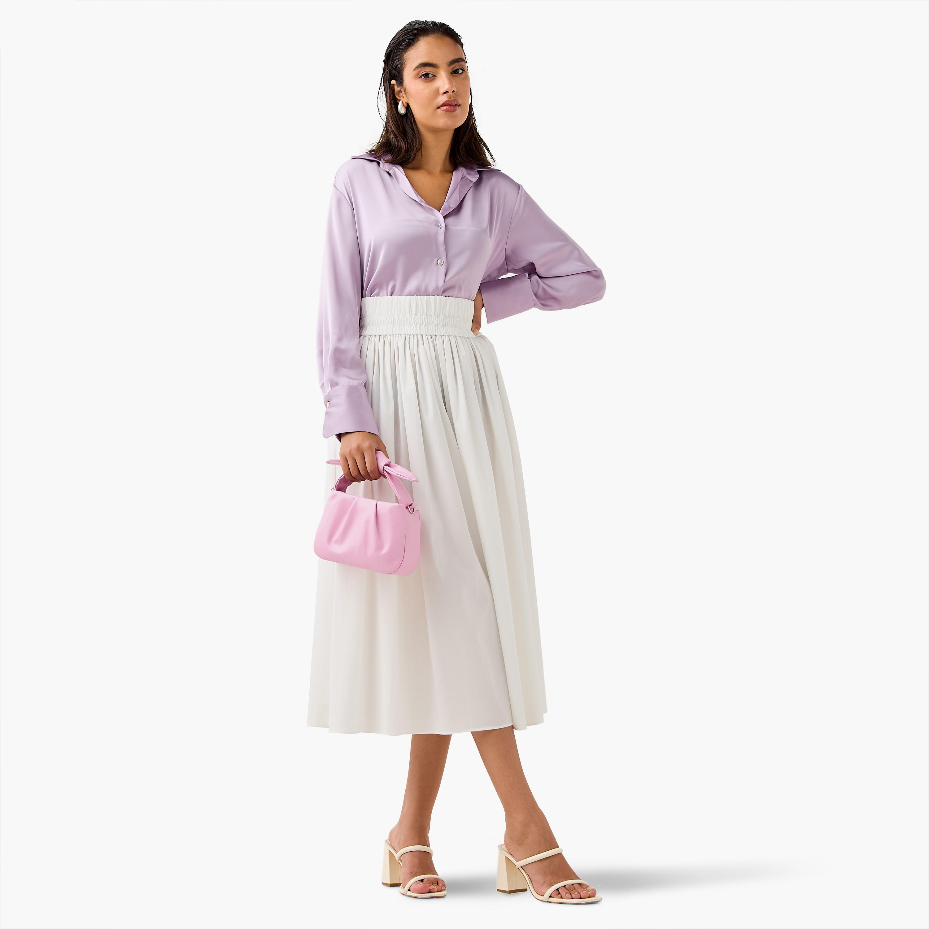 Regular Fit Satin Shirt with Collar and Long Sleeves-women-clothing-shirtsandblouses-shirts-image-2