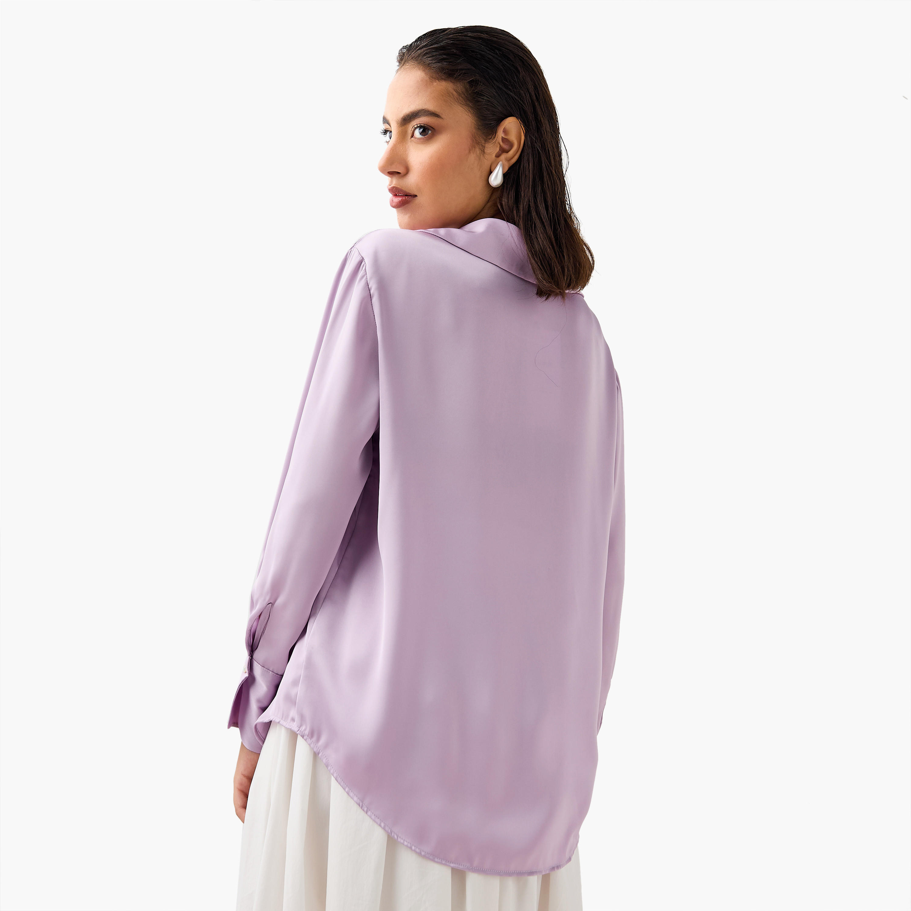 Regular Fit Satin Shirt with Collar and Long Sleeves-women-clothing-shirtsandblouses-shirts-image-3