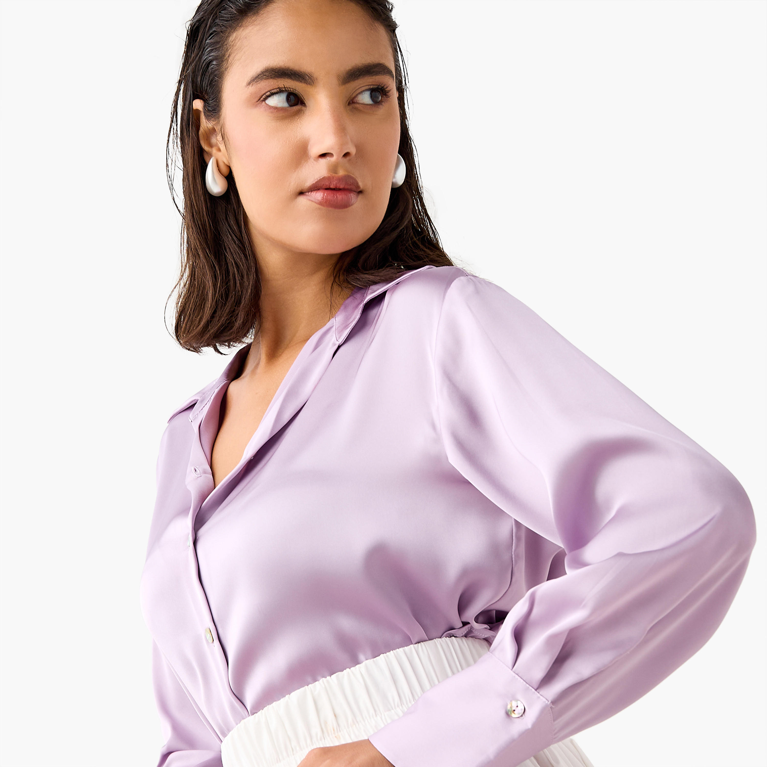 Regular Fit Satin Shirt with Collar and Long Sleeves-women-clothing-shirtsandblouses-shirts-image-5