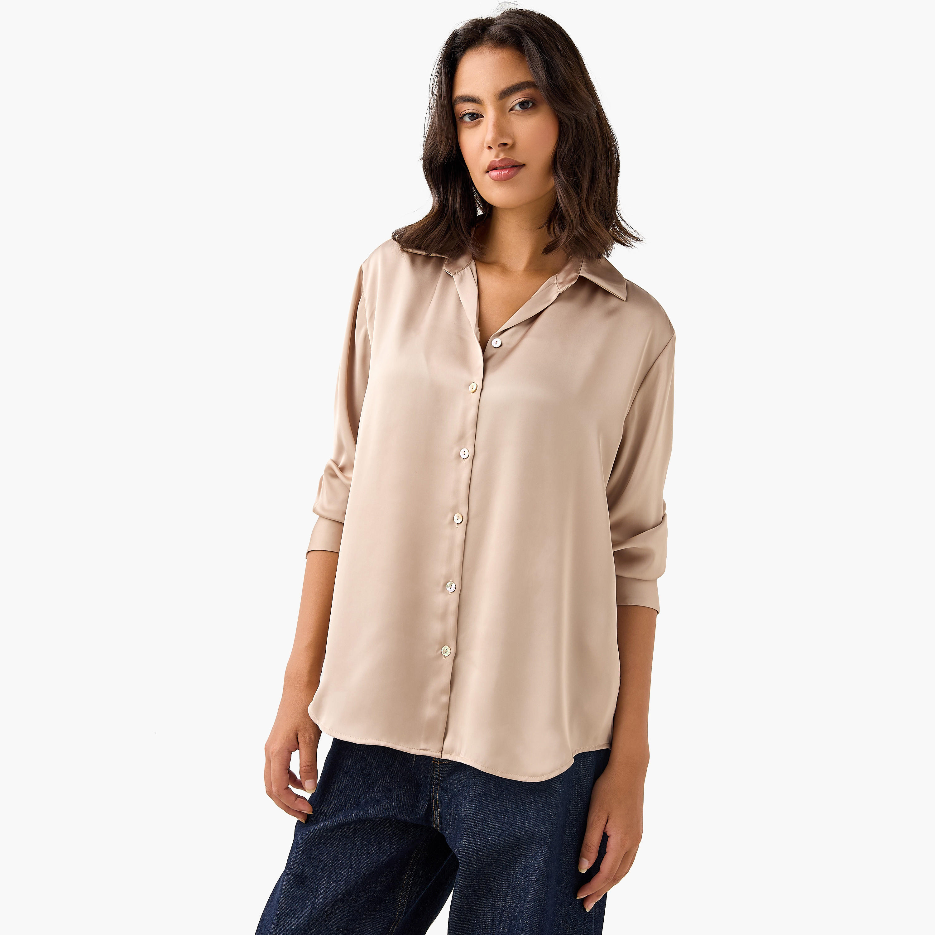 قميص ساتان بقصة عادية بياقة وأكمام طويلة-women-clothing-shirtsandblouses-shirts-image-1