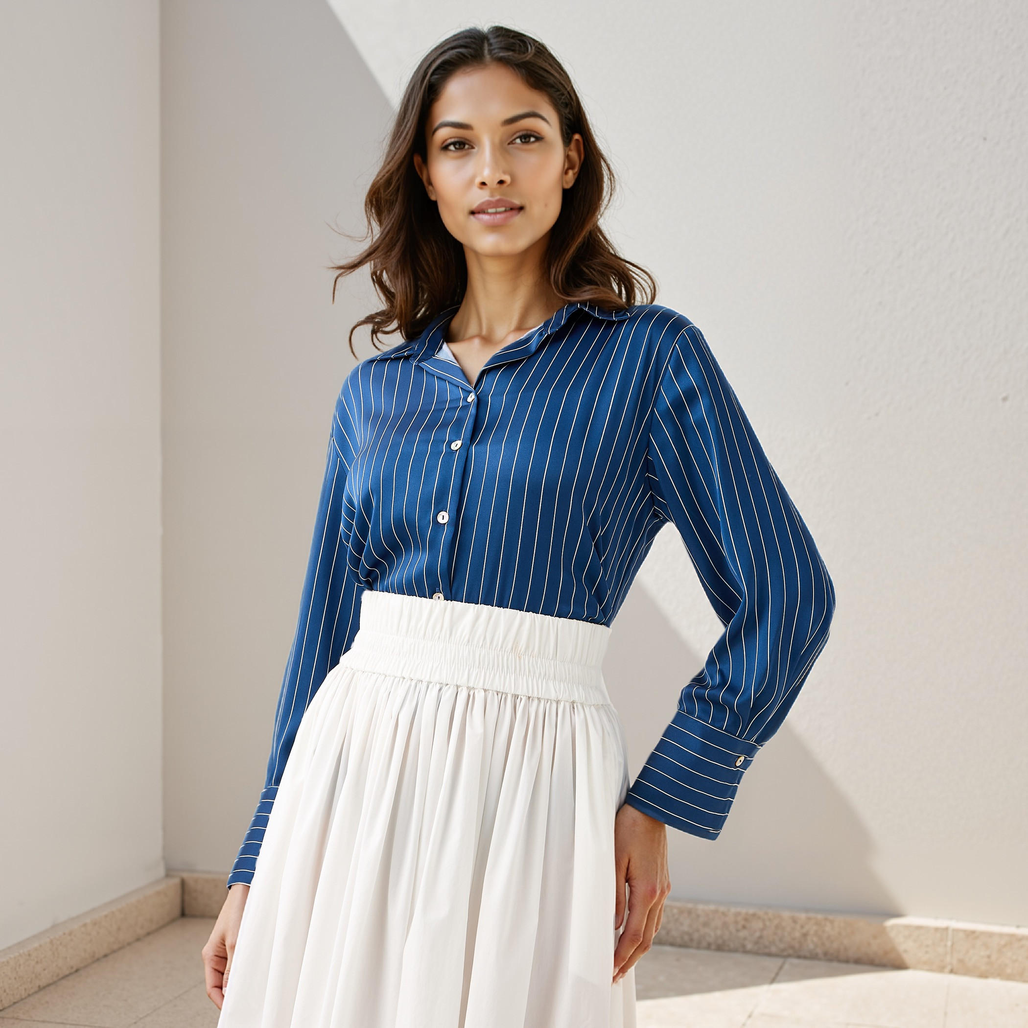قميص ساتان مخطط بقصّة عادية وأكمام طويلة وياقة-women-clothing-shirtsandblouses-shirts-image-1