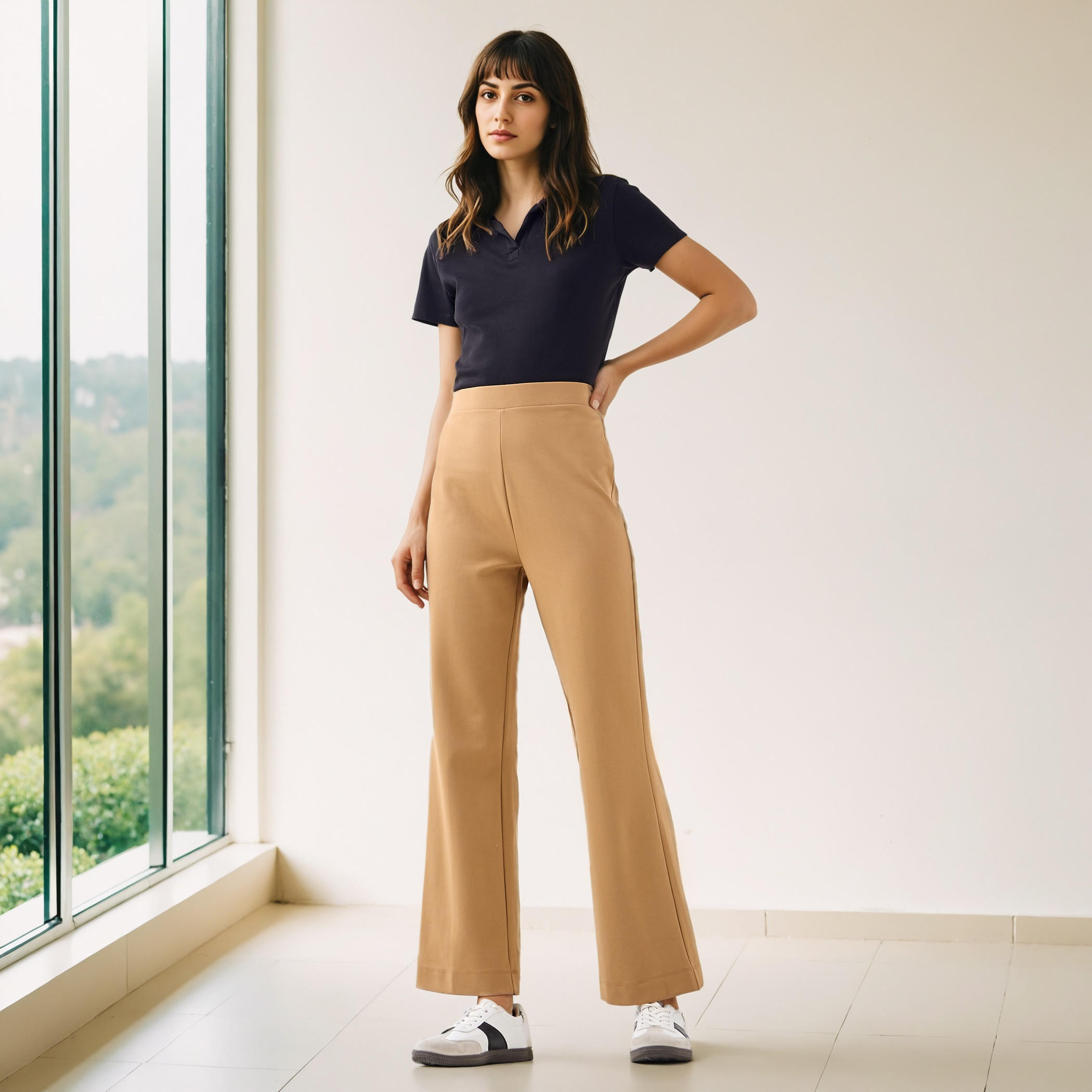 بنطلون بونتي بقصّة بوت ليج وخصر مطاطي -women-clothing-bottoms-trousers-image-4