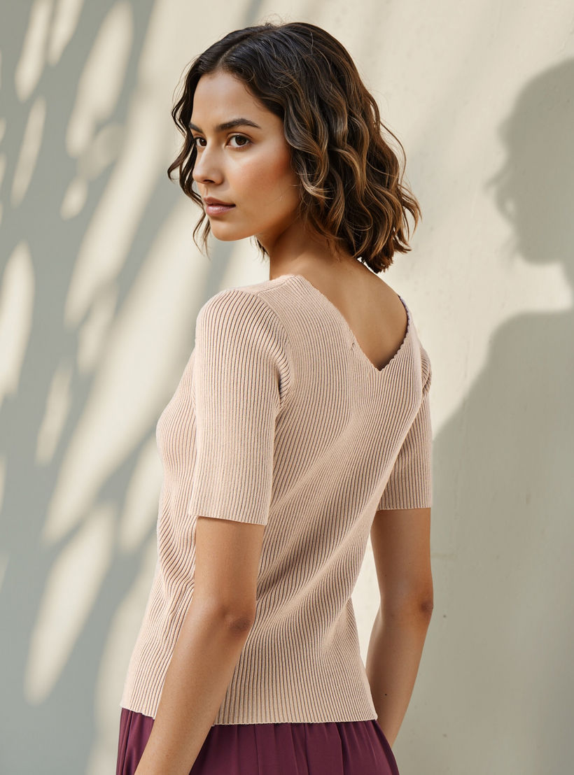 Ribbed V-neck Tricot Top with Short Sleeves-women-clothing-tshirts-image-3