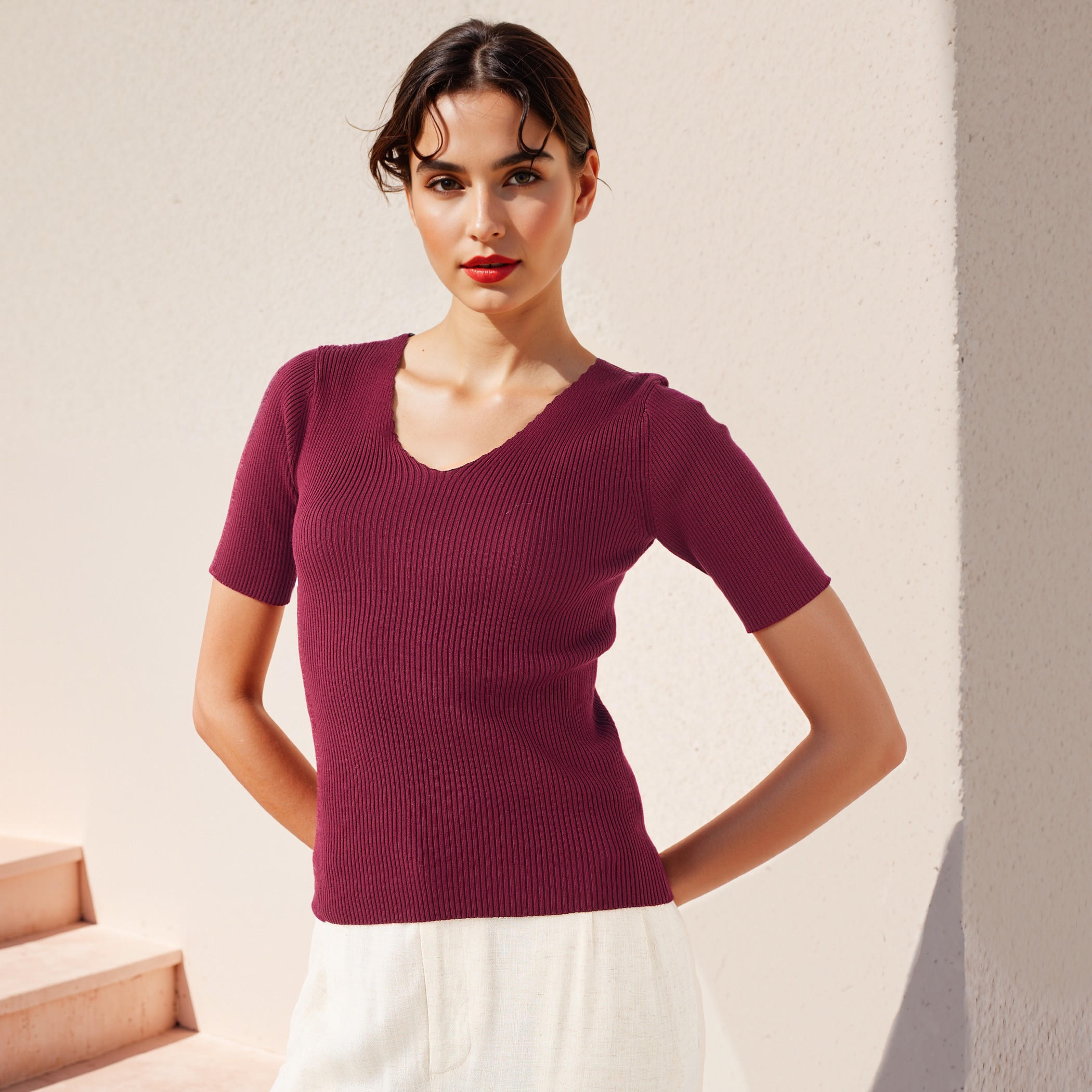 Ribbed V-neck Tricot Top with Short Sleeves-women-clothing-tshirts-image-1