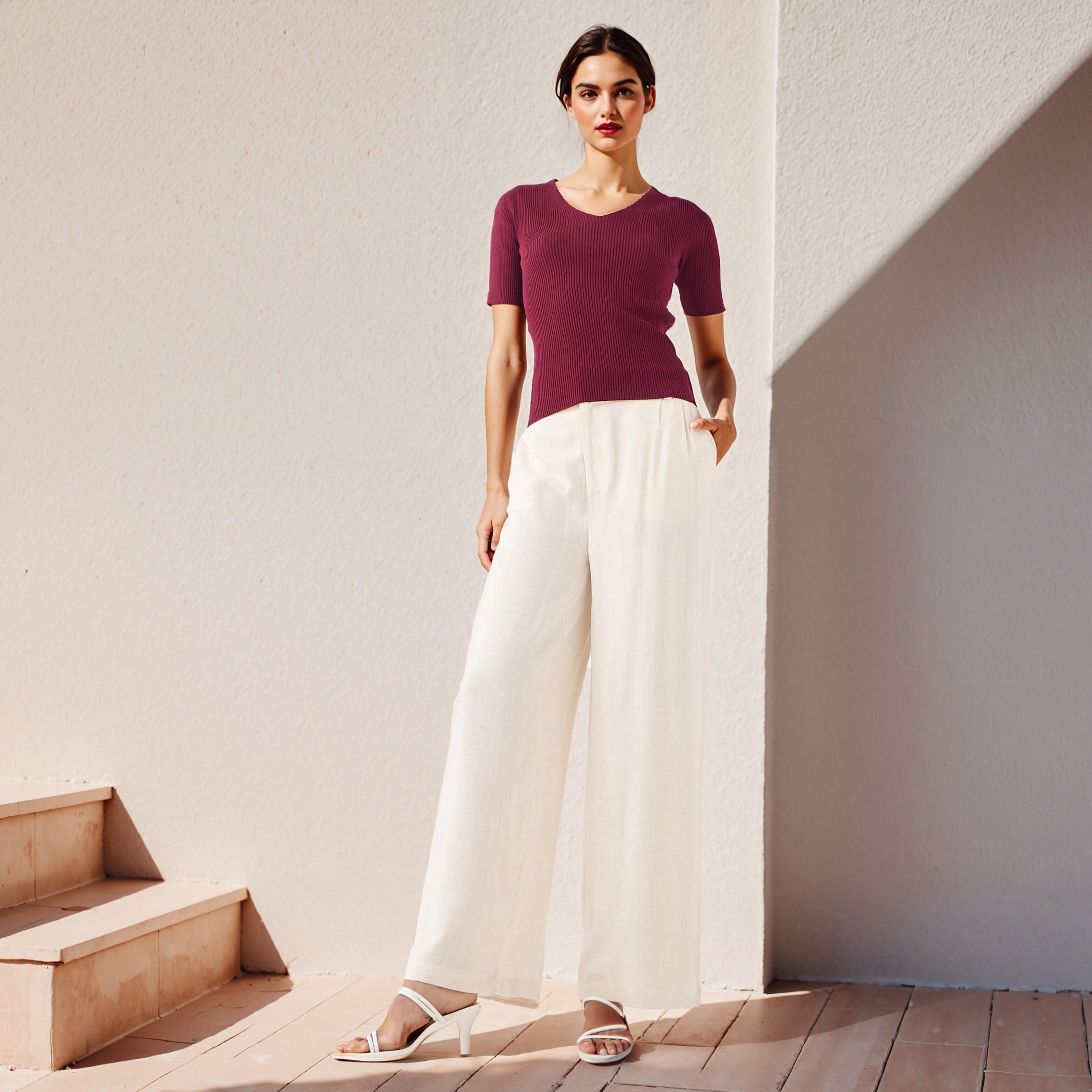 Ribbed V-neck Tricot Top with Short Sleeves-women-clothing-tshirts-image-2