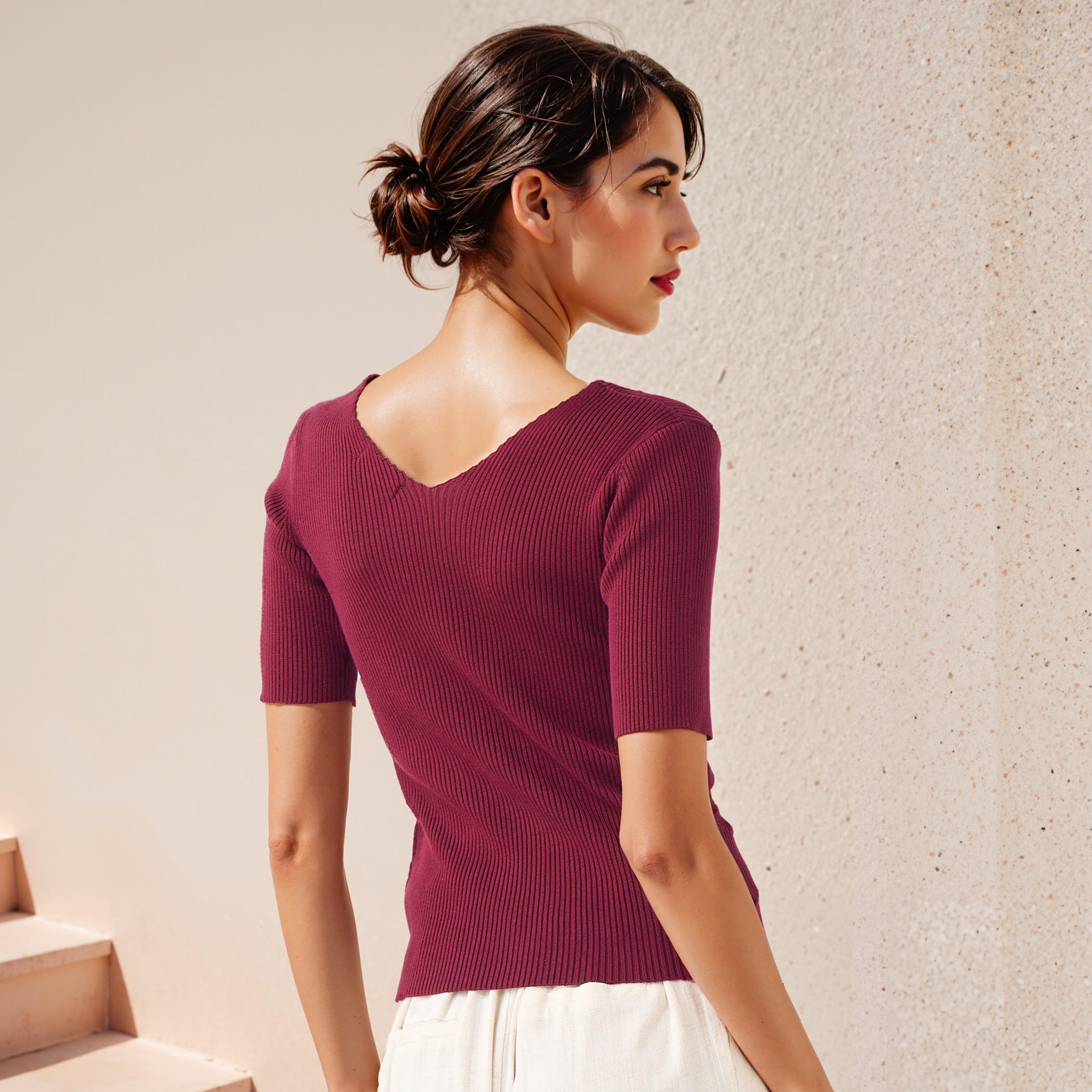Ribbed V-neck Tricot Top with Short Sleeves-women-clothing-tshirts-image-3