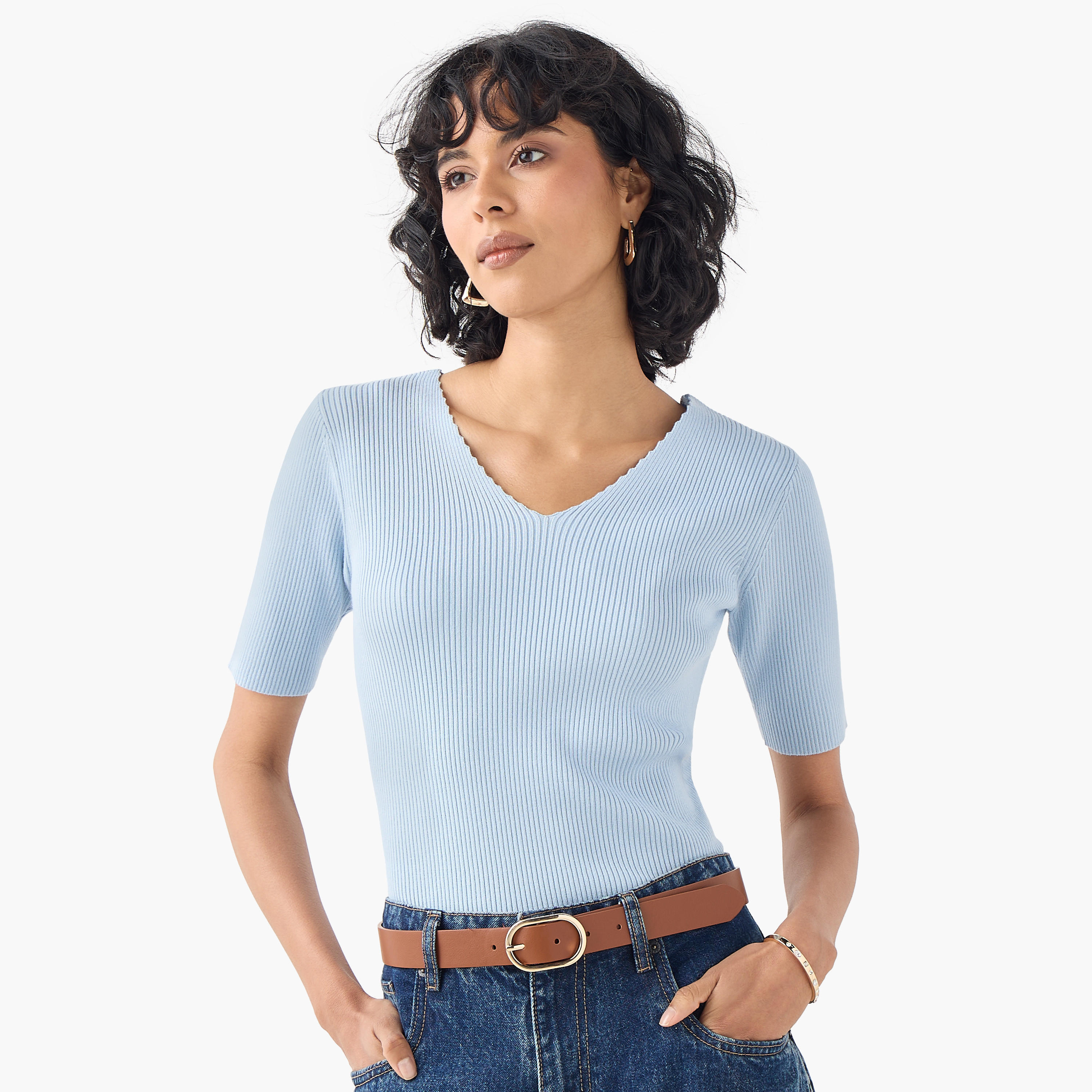 Ribbed V-neck Tricot Top with Short Sleeves-women-clothing-tshirts-image-1