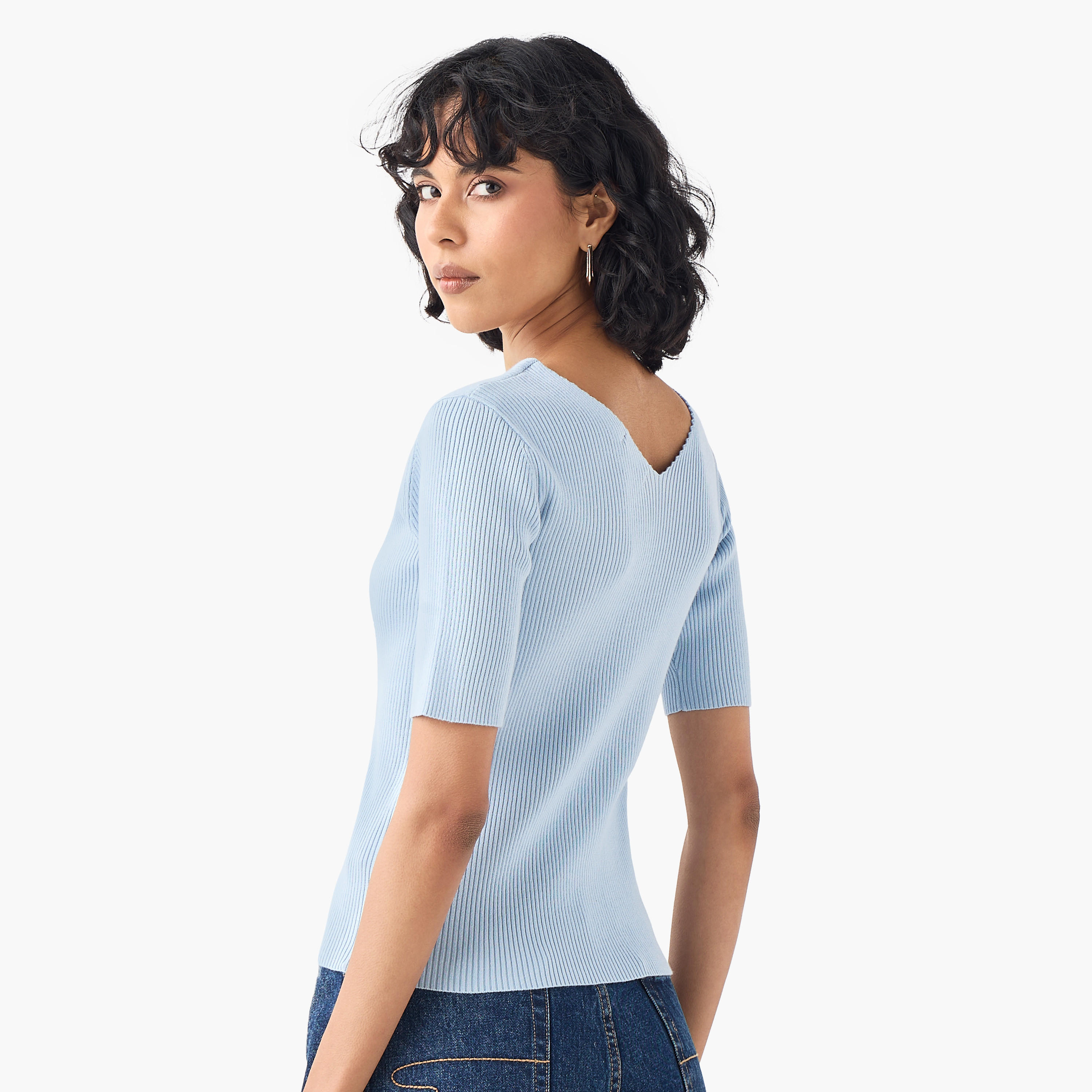 Ribbed V-neck Tricot Top with Short Sleeves-women-clothing-tshirts-image-3