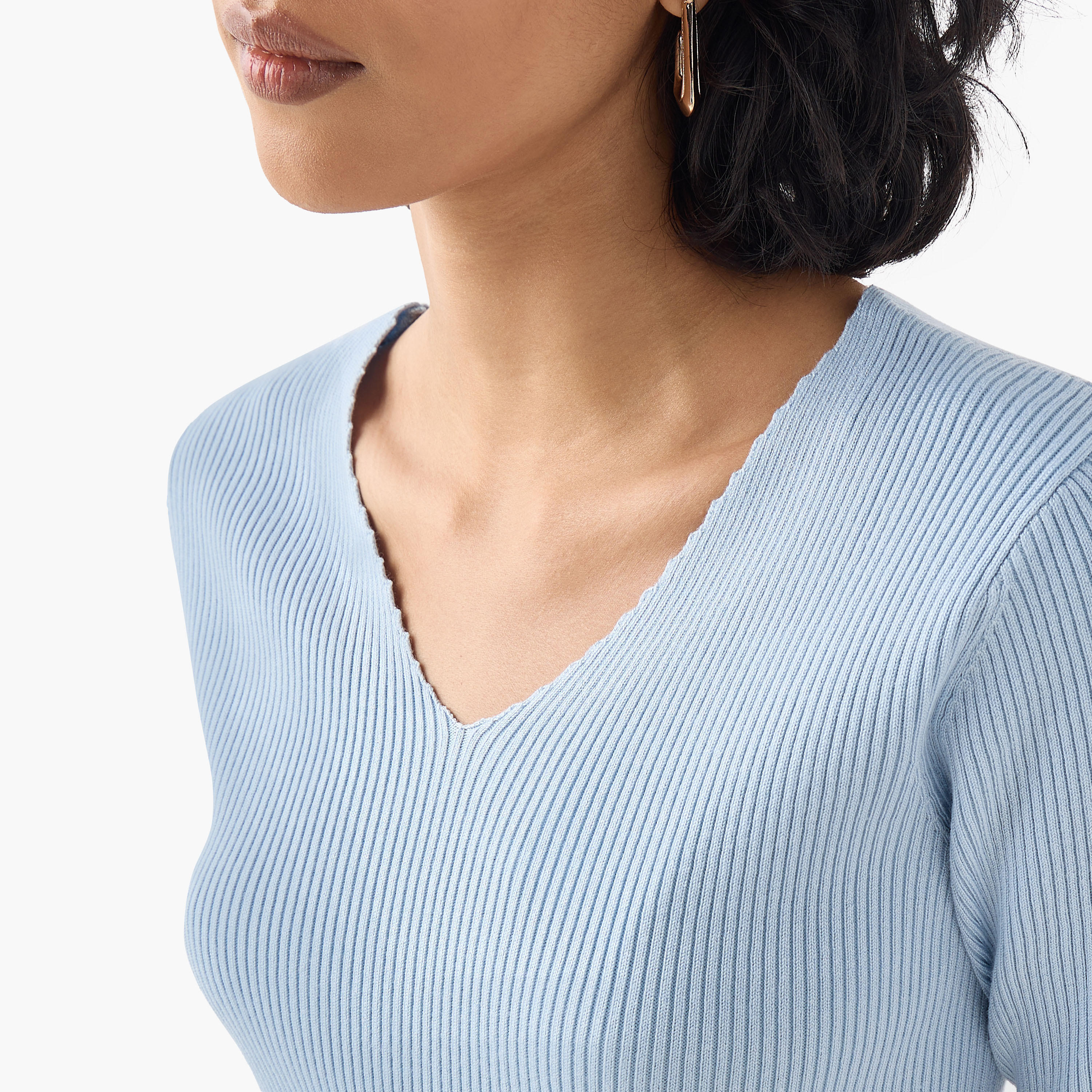 Ribbed V-neck Tricot Top with Short Sleeves-women-clothing-tshirts-image-4