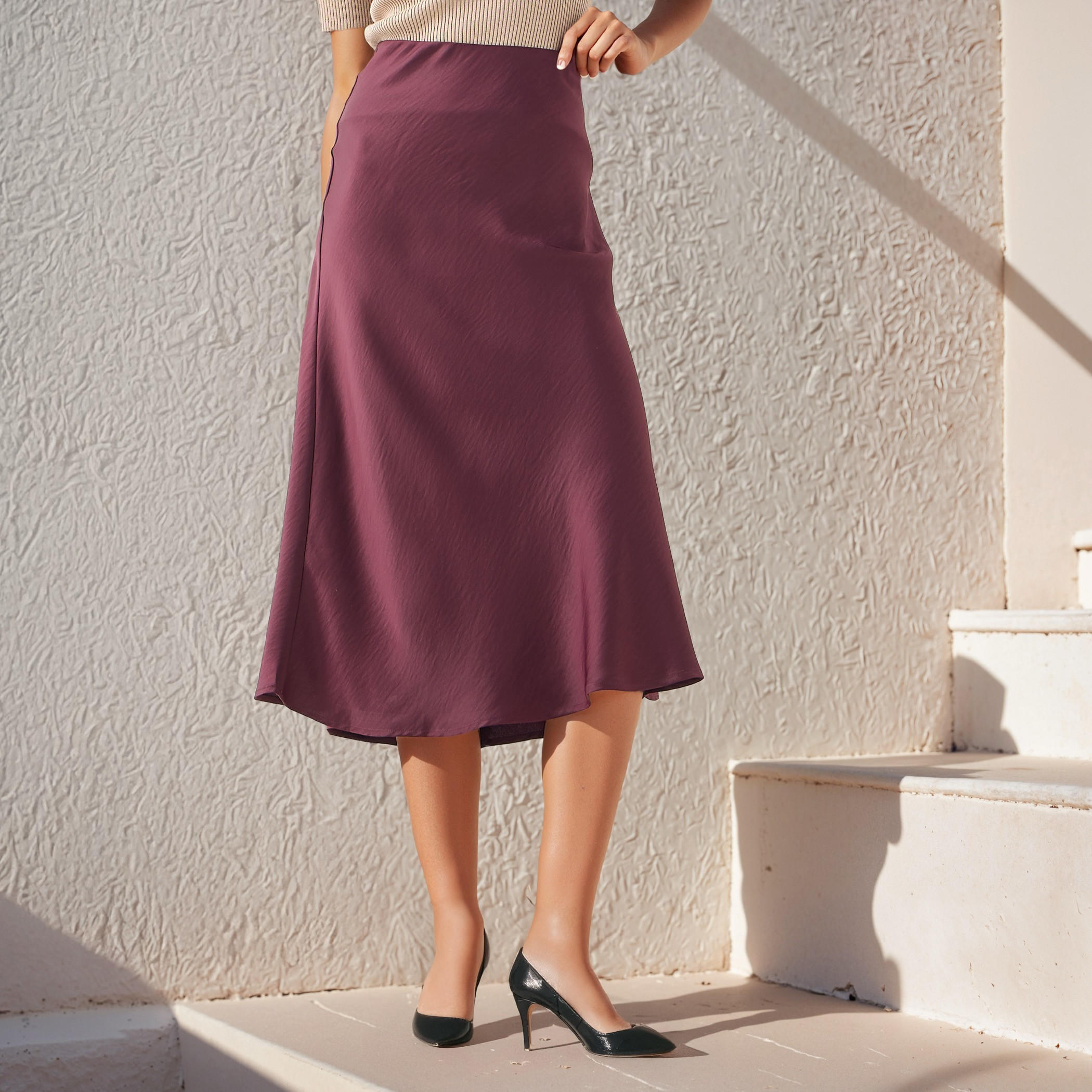 Textured Flared Skirt with Elasticated Waistband-women-clothing-bottoms-skirts-image-1