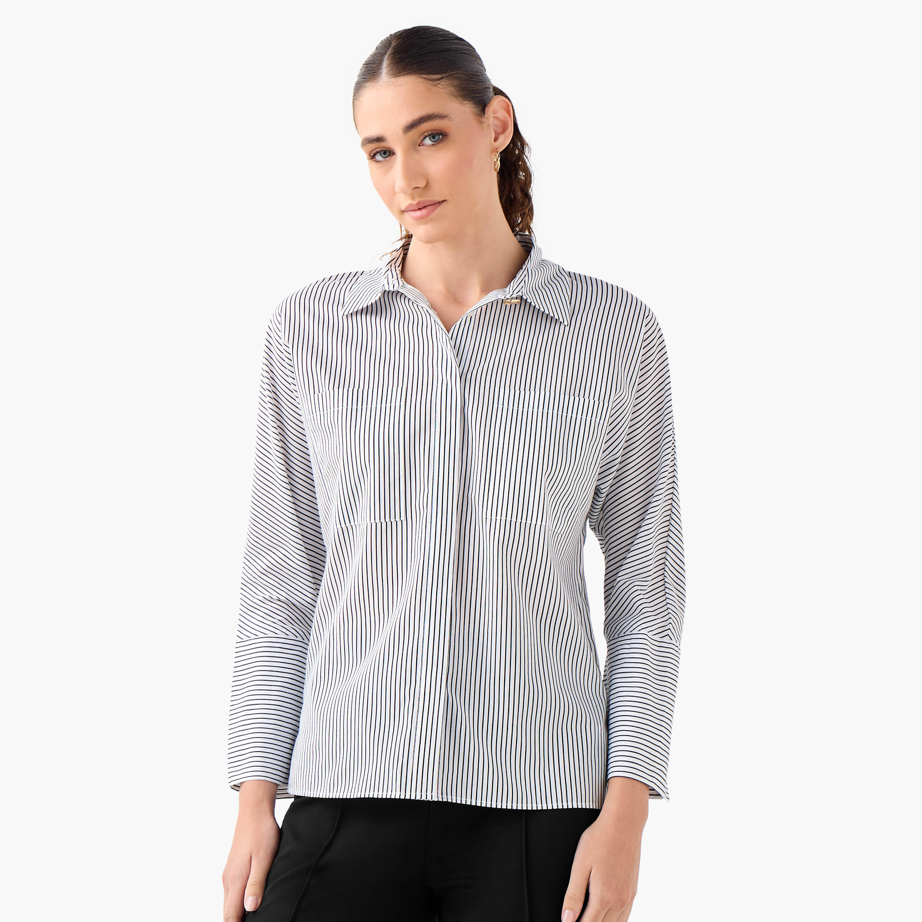 Regular Fit Striped Collared Shirt with Chest Pockets-women-clothing-shirtsandblouses-shirts-image-1