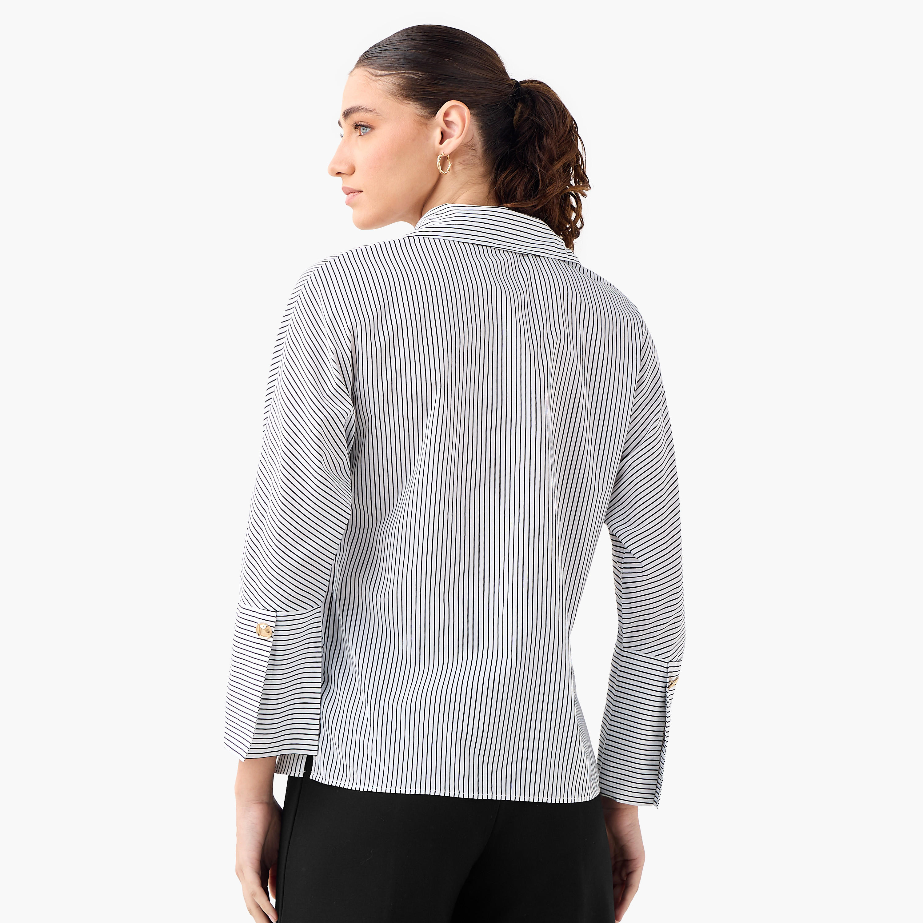 Regular Fit Striped Collared Shirt with Chest Pockets-women-clothing-shirtsandblouses-shirts-image-3
