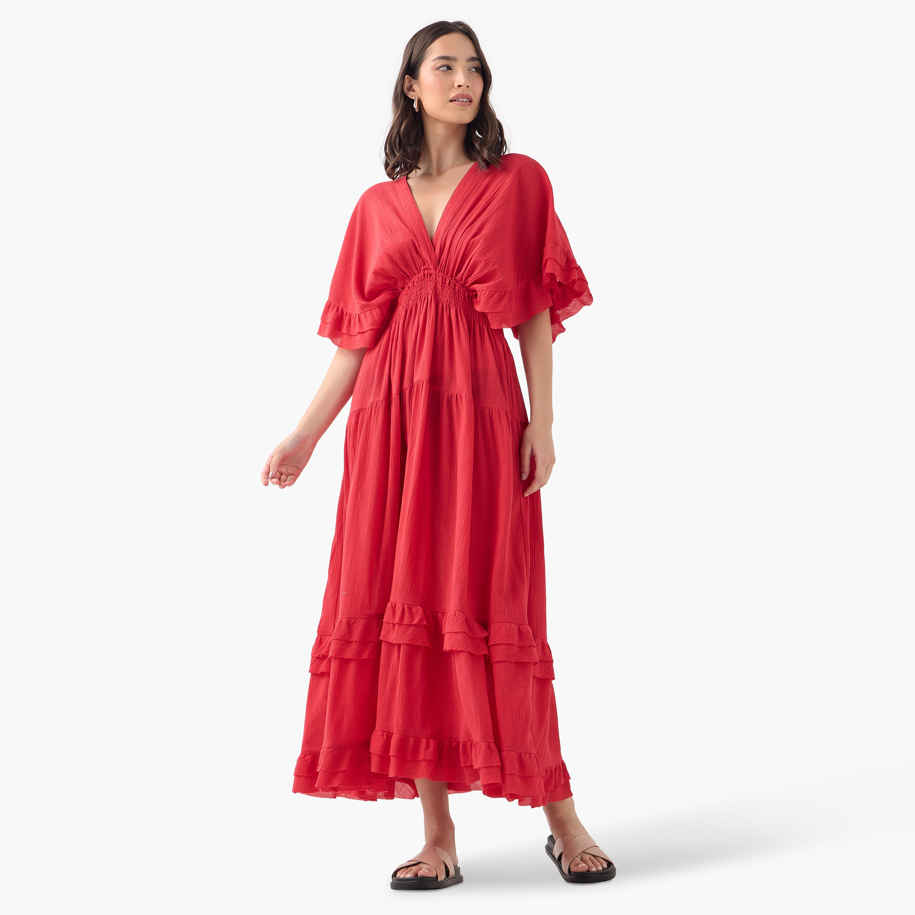 Ruffle and Smocked Detail V-neck Maxi Cotton Dress with Short Sleeves-women-clothing-dresses-image-1